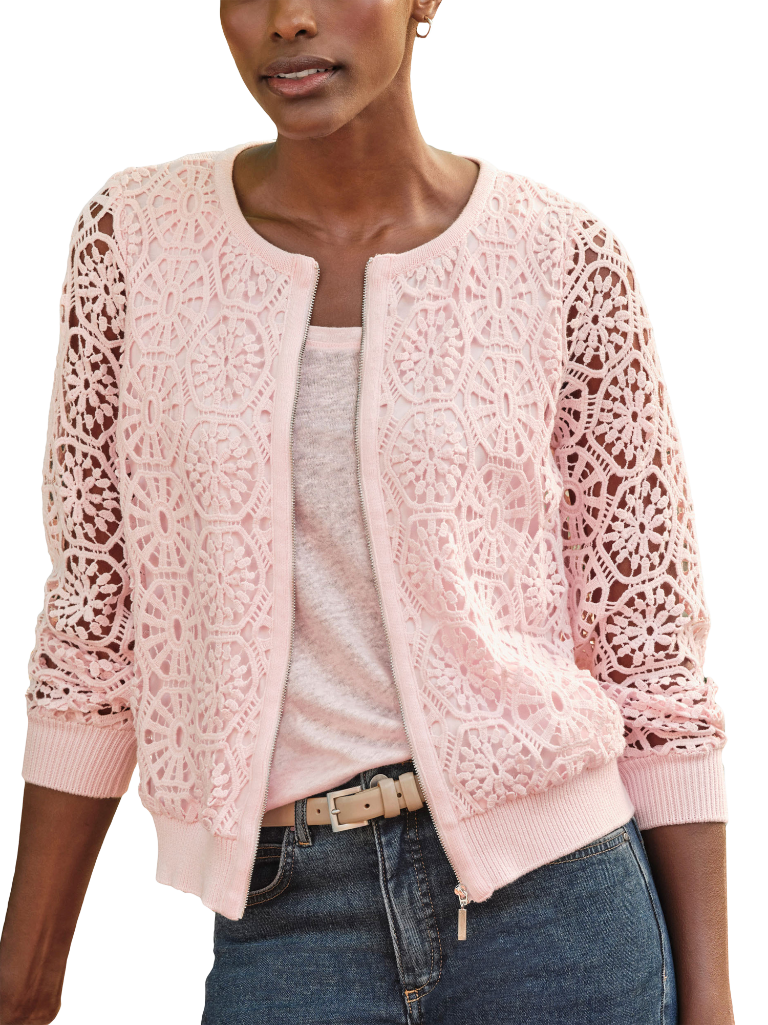 Product image 1 of 3, which shows Pure Collection Lace Zip Cardigan, Soft Pink, 8