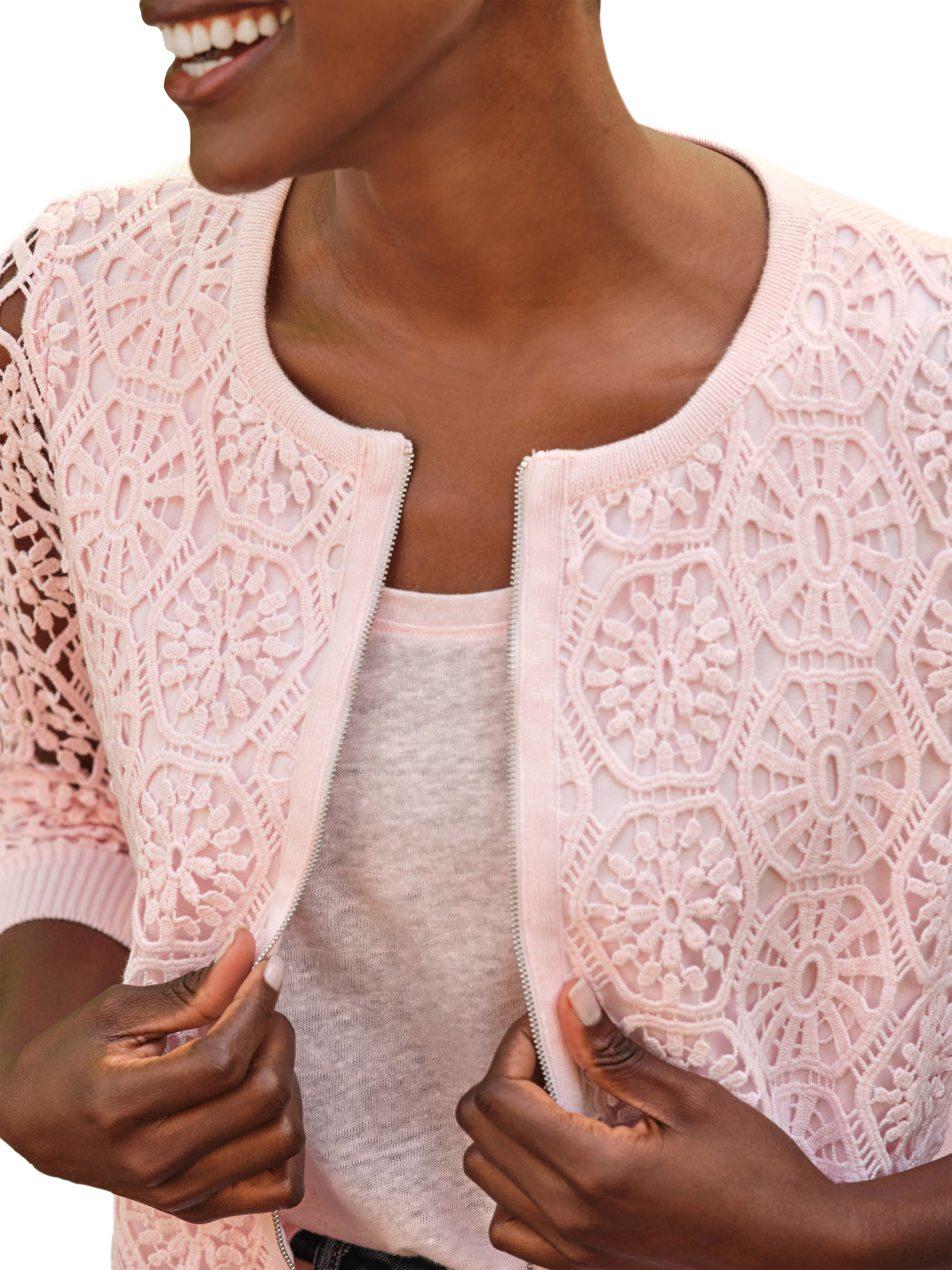 Product image 3 of 3, which shows Pure Collection Lace Zip Cardigan, Soft Pink, 8