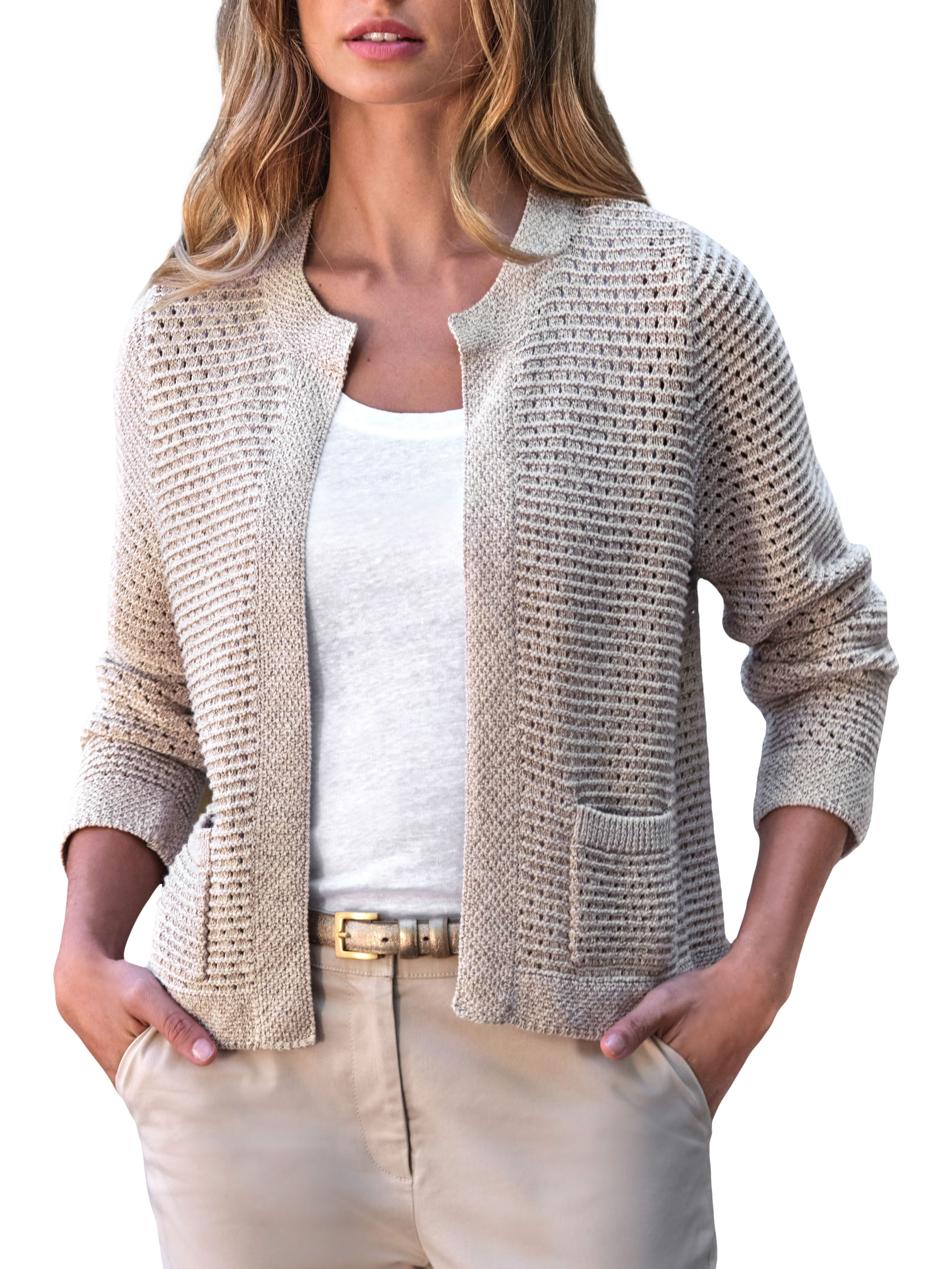 Product image 1 of 3, which shows Pure Collection Metallic Open Neck Organic Cotton Rich Cardigan, Natural, 8