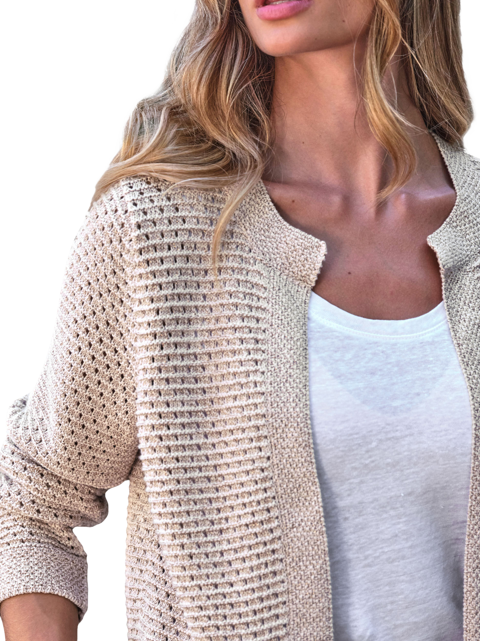Product image 3 of 3, which shows Pure Collection Metallic Open Neck Organic Cotton Rich Cardigan, Natural, 8