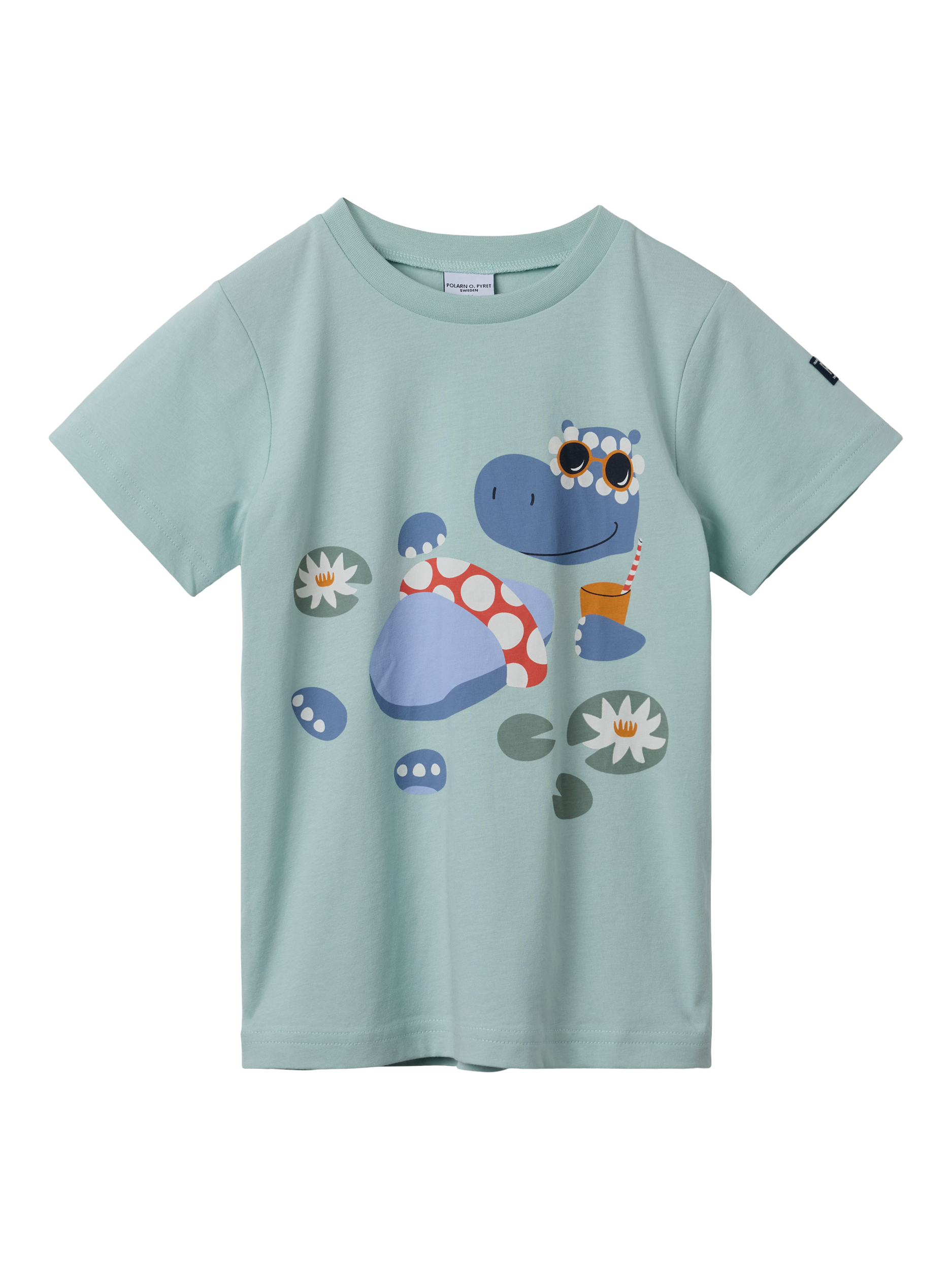 Product image 1 of 4, which shows Polarn O. Pyret Kids' Organic Cotton Hippo Print T-Shirt, Blue, 6-7 years