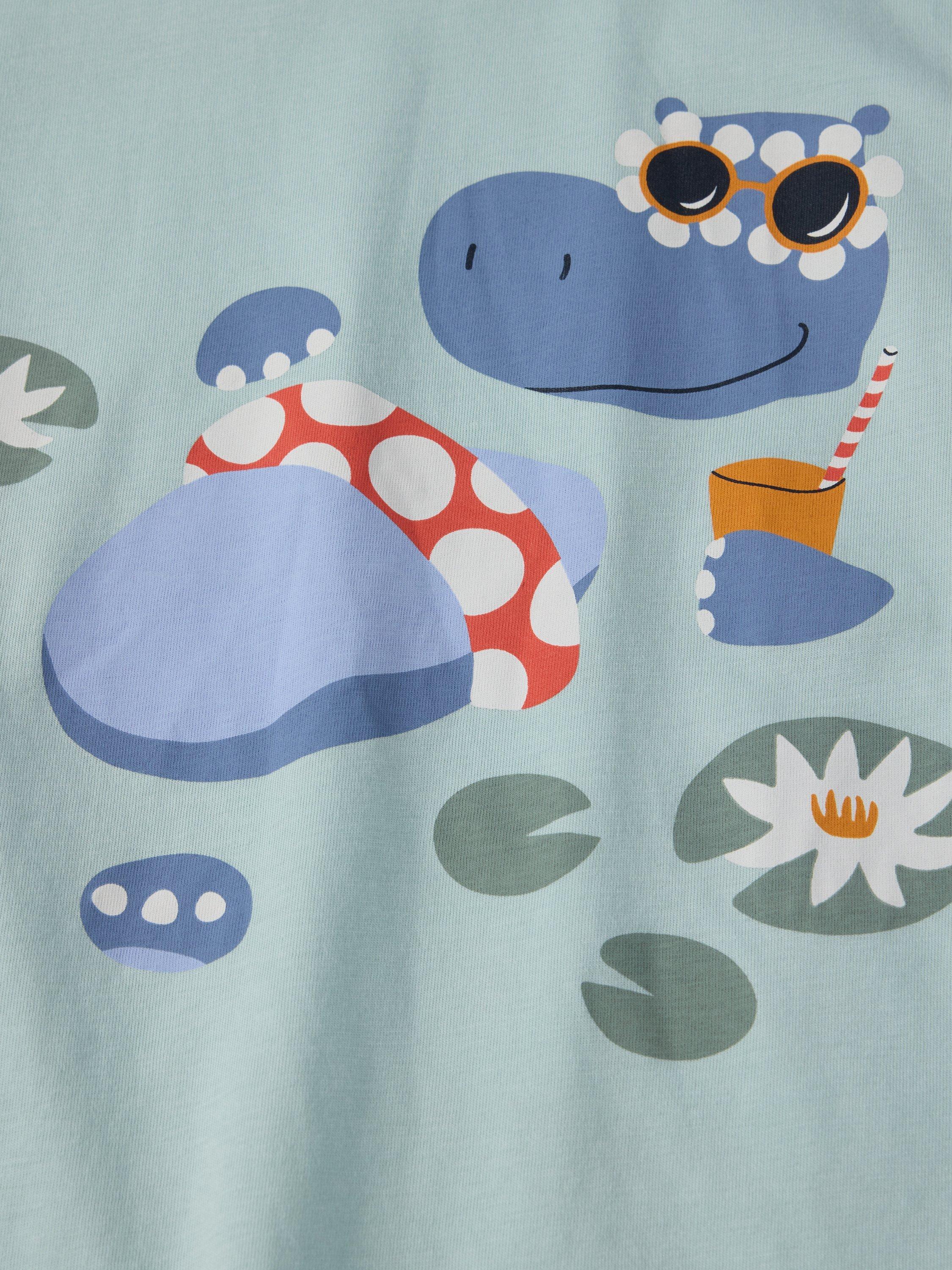 Product image 2 of 4, which shows Polarn O. Pyret Kids' Organic Cotton Hippo Print T-Shirt, Blue, 6-7 years