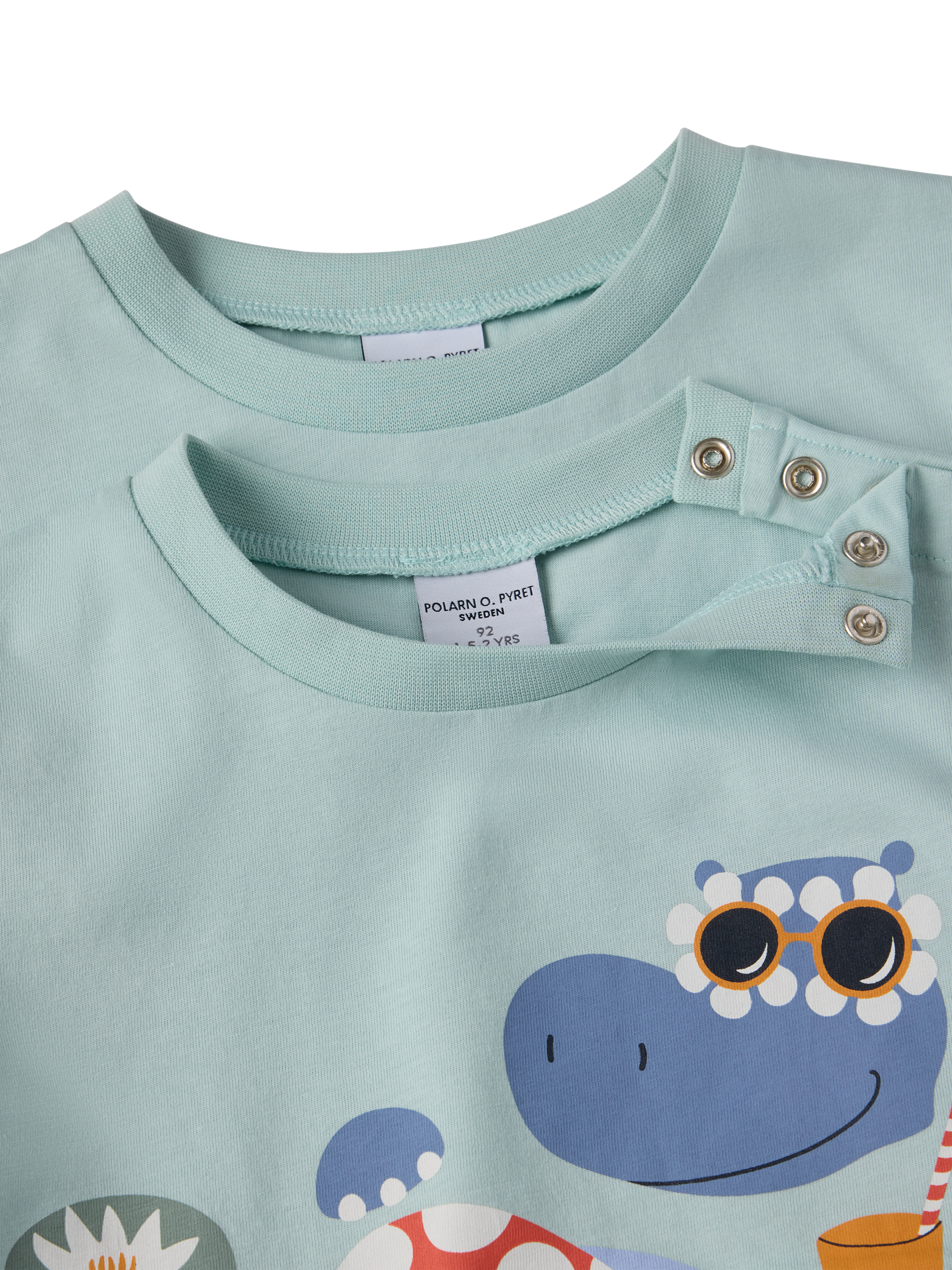 Product image 3 of 4, which shows Polarn O. Pyret Kids' Organic Cotton Hippo Print T-Shirt, Blue, 6-7 years