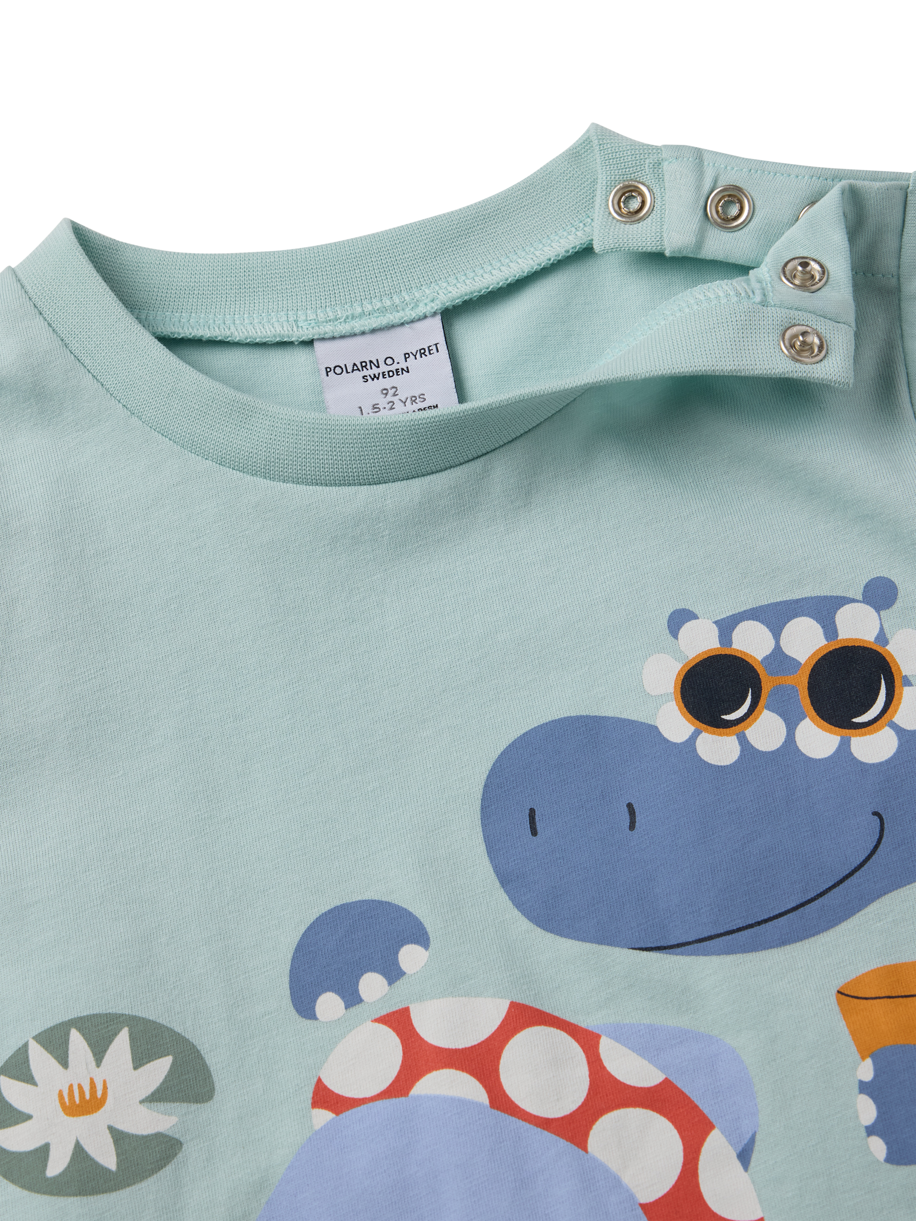 Product image 4 of 4, which shows Polarn O. Pyret Kids' Organic Cotton Hippo Print T-Shirt, Blue, 6-7 years