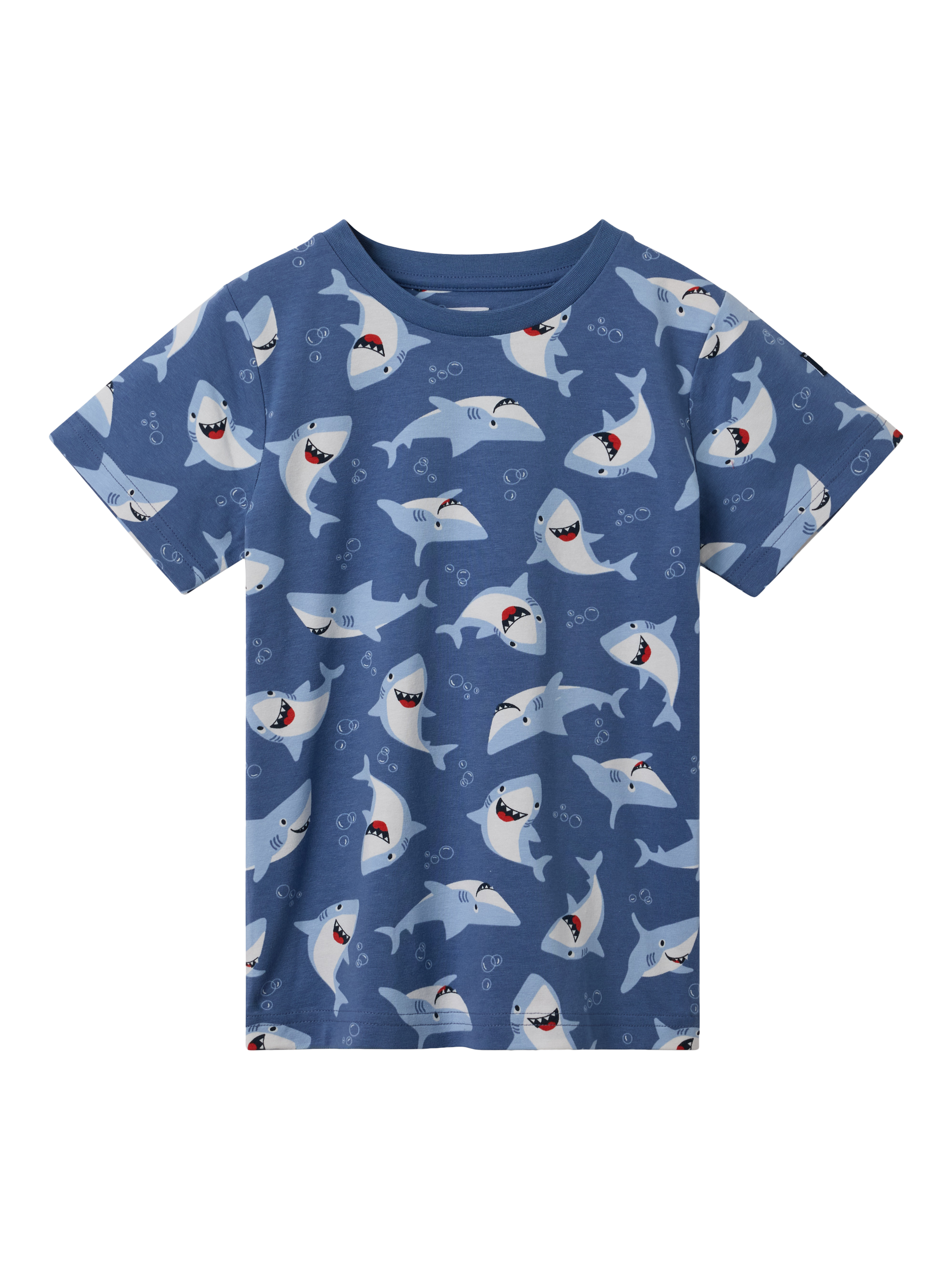 Product image 1 of 3, which shows Polarn O. Pyret Kids' Shark Print T-Shirt, Blue, 12-18 months