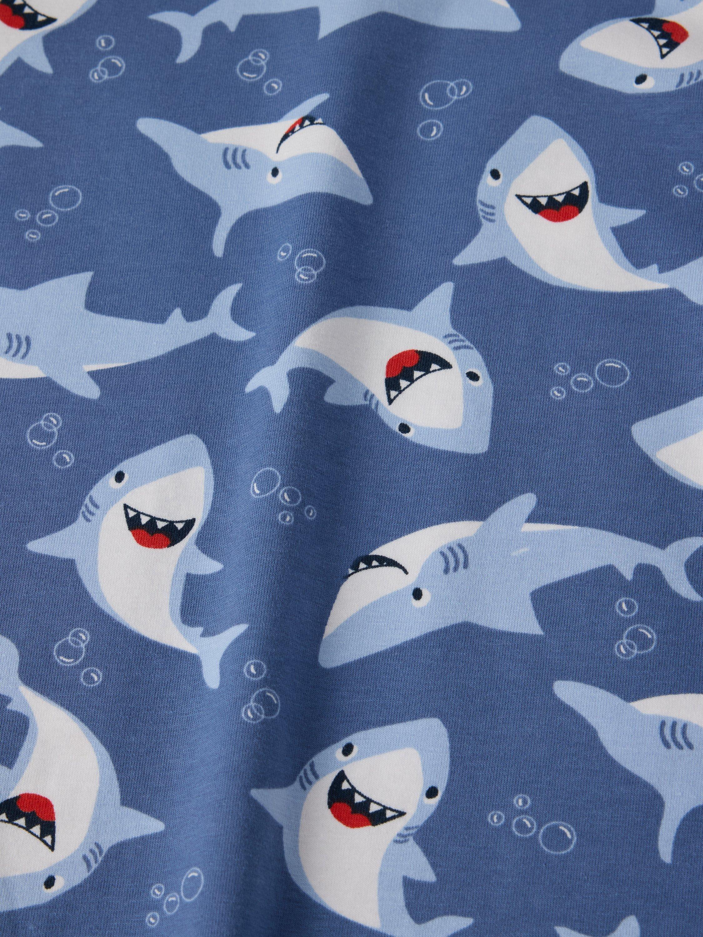Product image 2 of 3, which shows Polarn O. Pyret Kids' Shark Print T-Shirt, Blue, 12-18 months