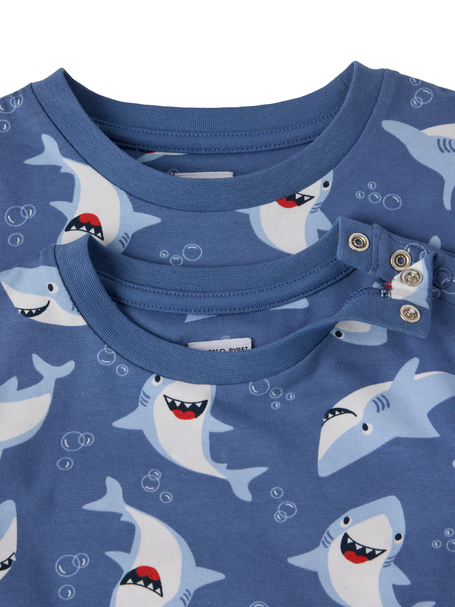 Product image 3 of 3, which shows Polarn O. Pyret Kids' Shark Print T-Shirt, Blue, 12-18 months
