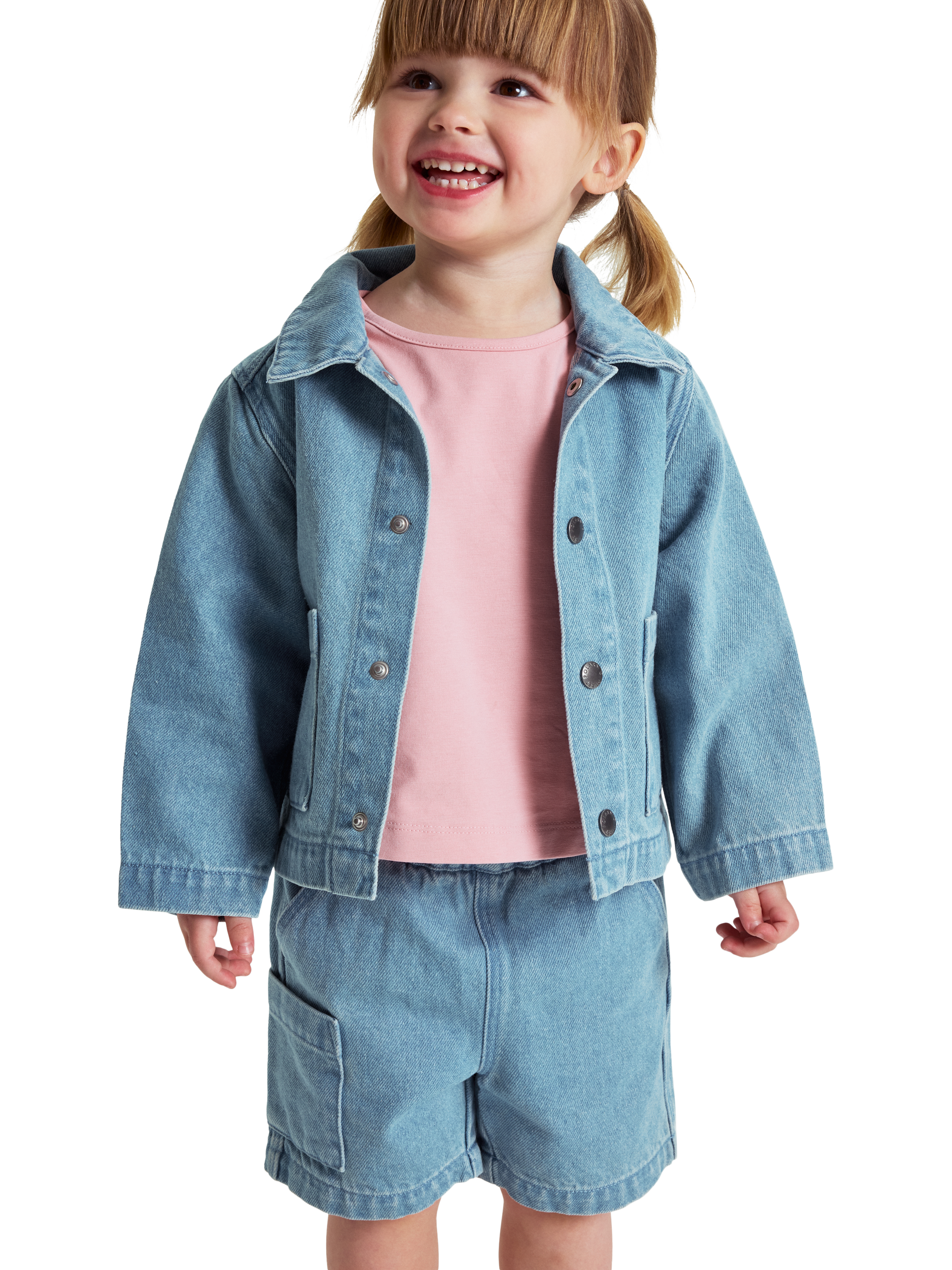 Product image 1 of 3, which shows Polarn O. Pyret Kids' Denim Organic Cotton Shorts, Blue, 4-5 years