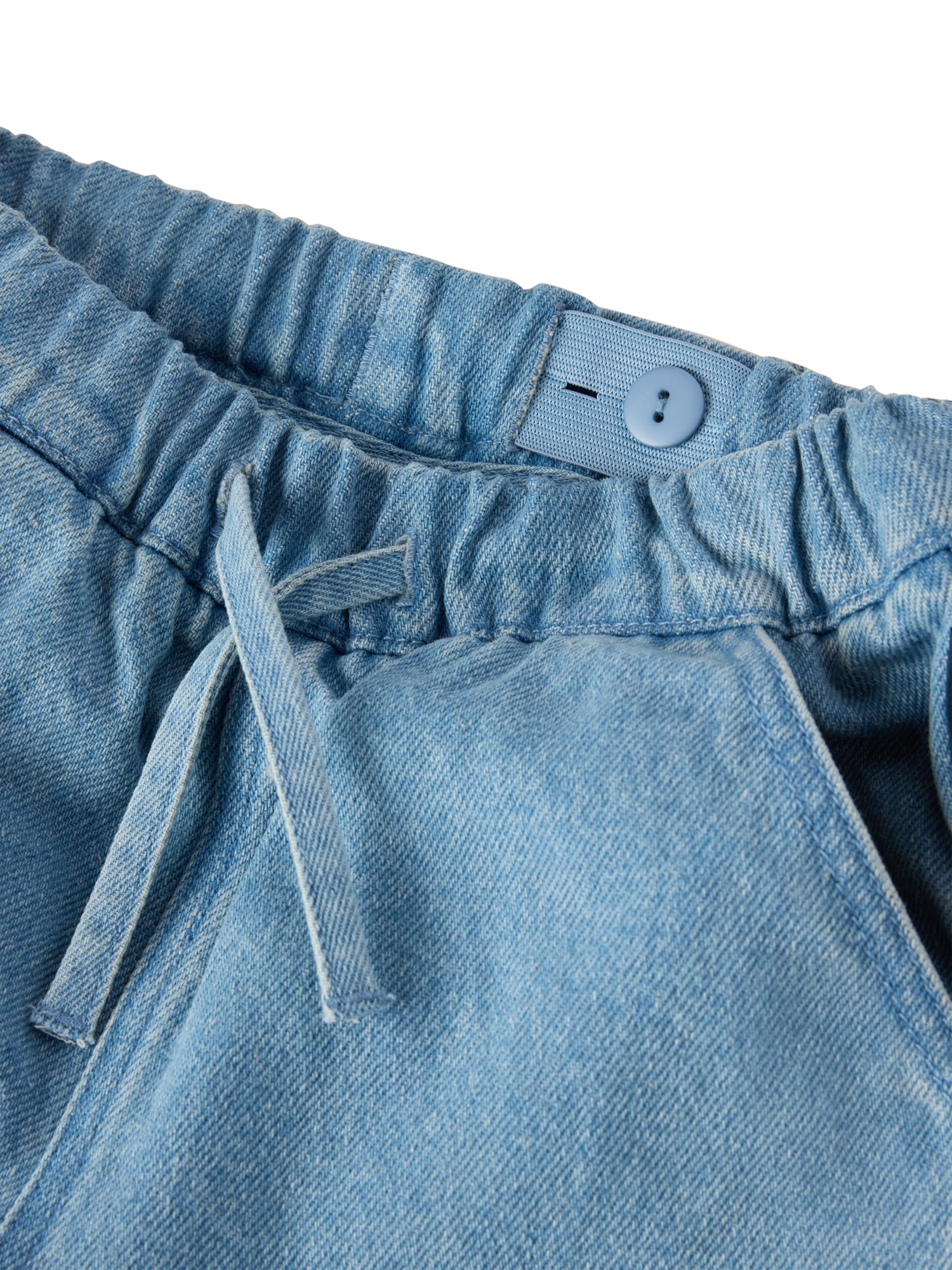 Product image 2 of 3, which shows Polarn O. Pyret Kids' Denim Organic Cotton Shorts, Blue, 4-5 years