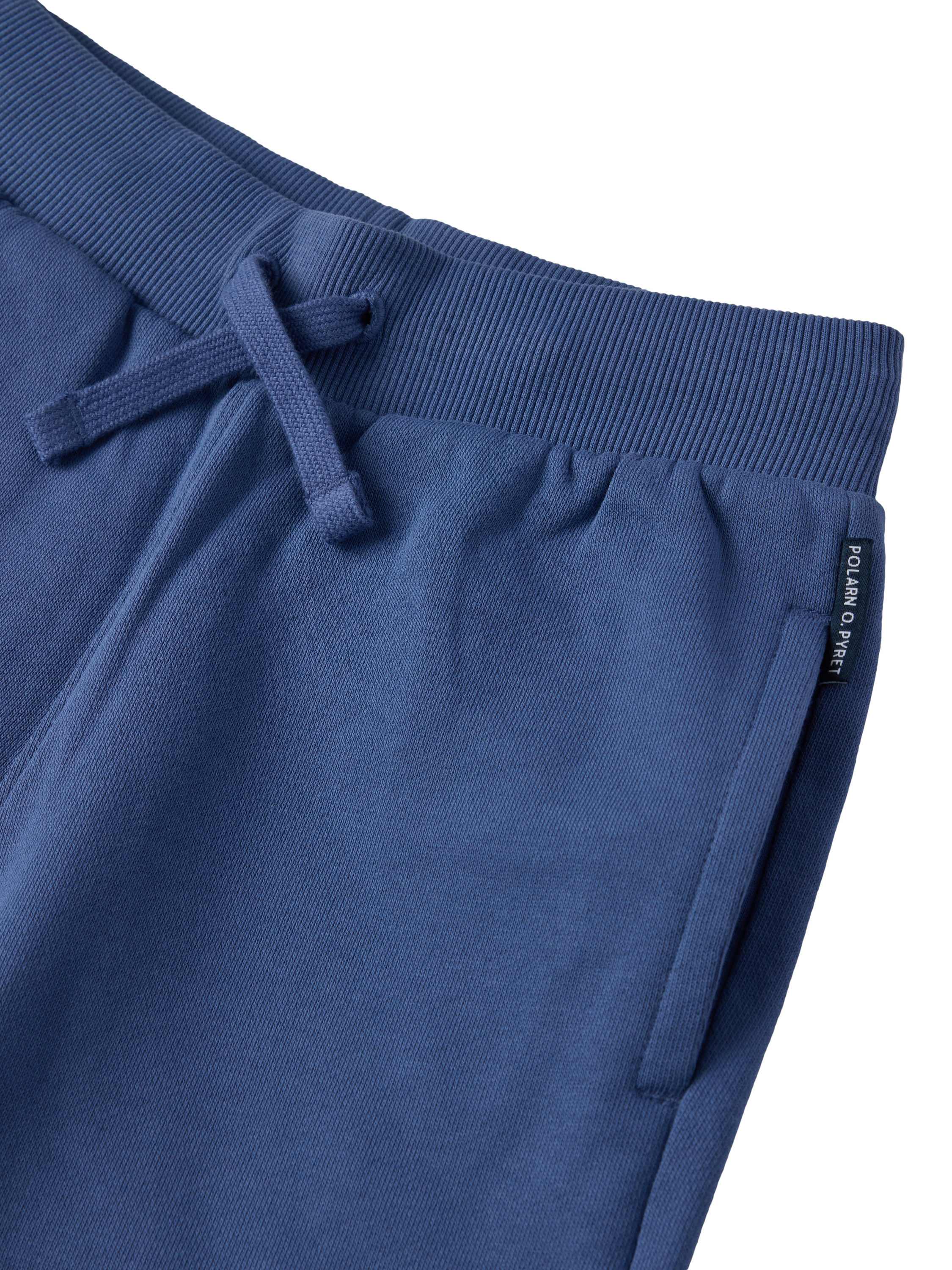 Product image 2 of 3, which shows Polarn O. Pyret Kids' Organic Cotton Jogger Shorts, Blue, 4-5 years