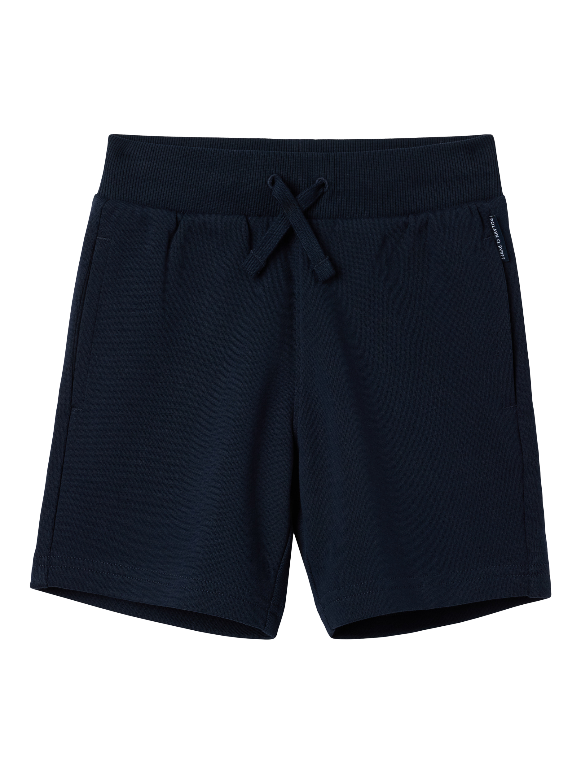 Product image 1 of 3, which shows Polarn O. Pyret Kids' Organic Cotton Jogger Shorts, Dark Blue, 12-18 months