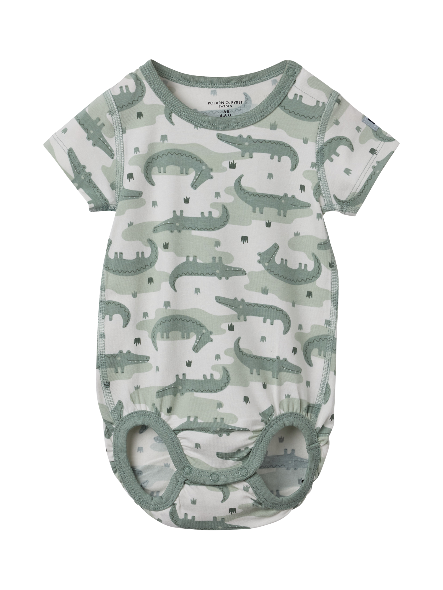 Product image 2 of 3, which shows Polarn O. Pyret Baby Organic Cotton Crocodile Print Bodysuit , White, 1-2 months