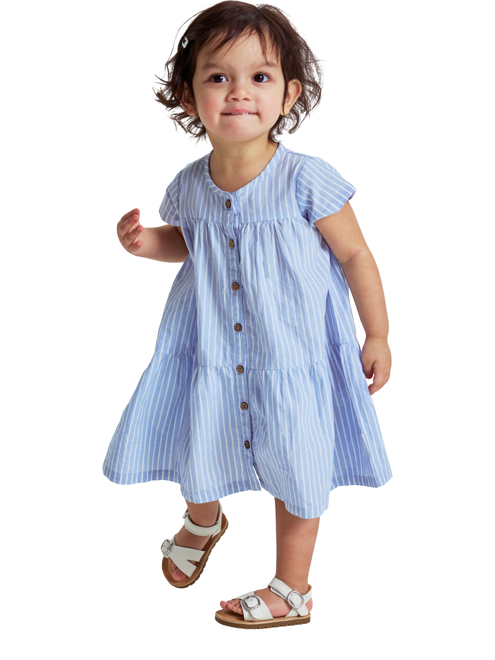 Product image 1 of 2, which shows Polarn O. Pyret Baby Organic Cotton Stripe Tiered Dress, Blue, 1-2 months