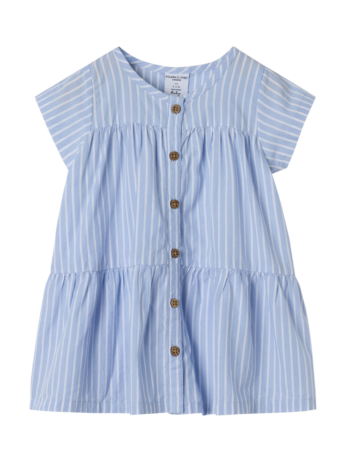 Product image 2 of 2, which shows Polarn O. Pyret Baby Organic Cotton Stripe Tiered Dress, Blue, 1-2 months