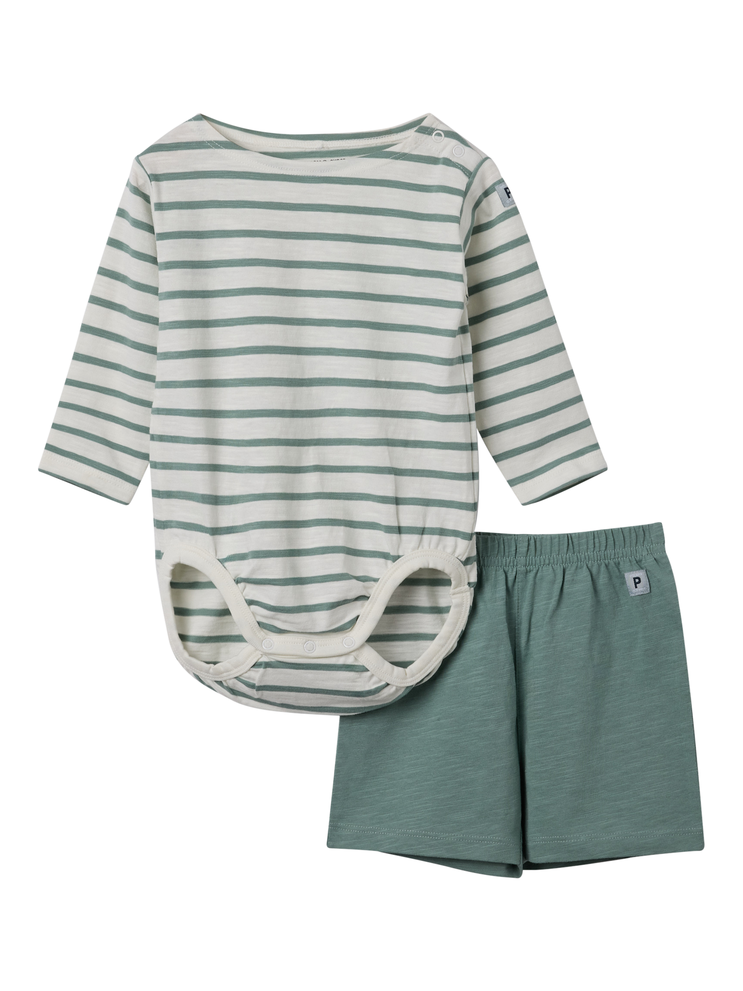 Polarn O. Pyret Baby Organic Cotton Stripe Bodysuit & Shorts Set, Green