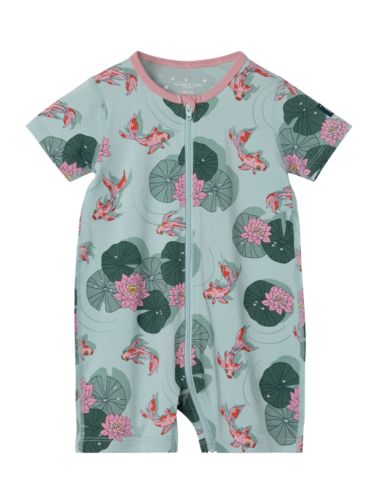 Product image 1 of 3, which shows Polarn O. Pyret Baby Carp Print Onesie Pyjamas, Blue, 0-2 months