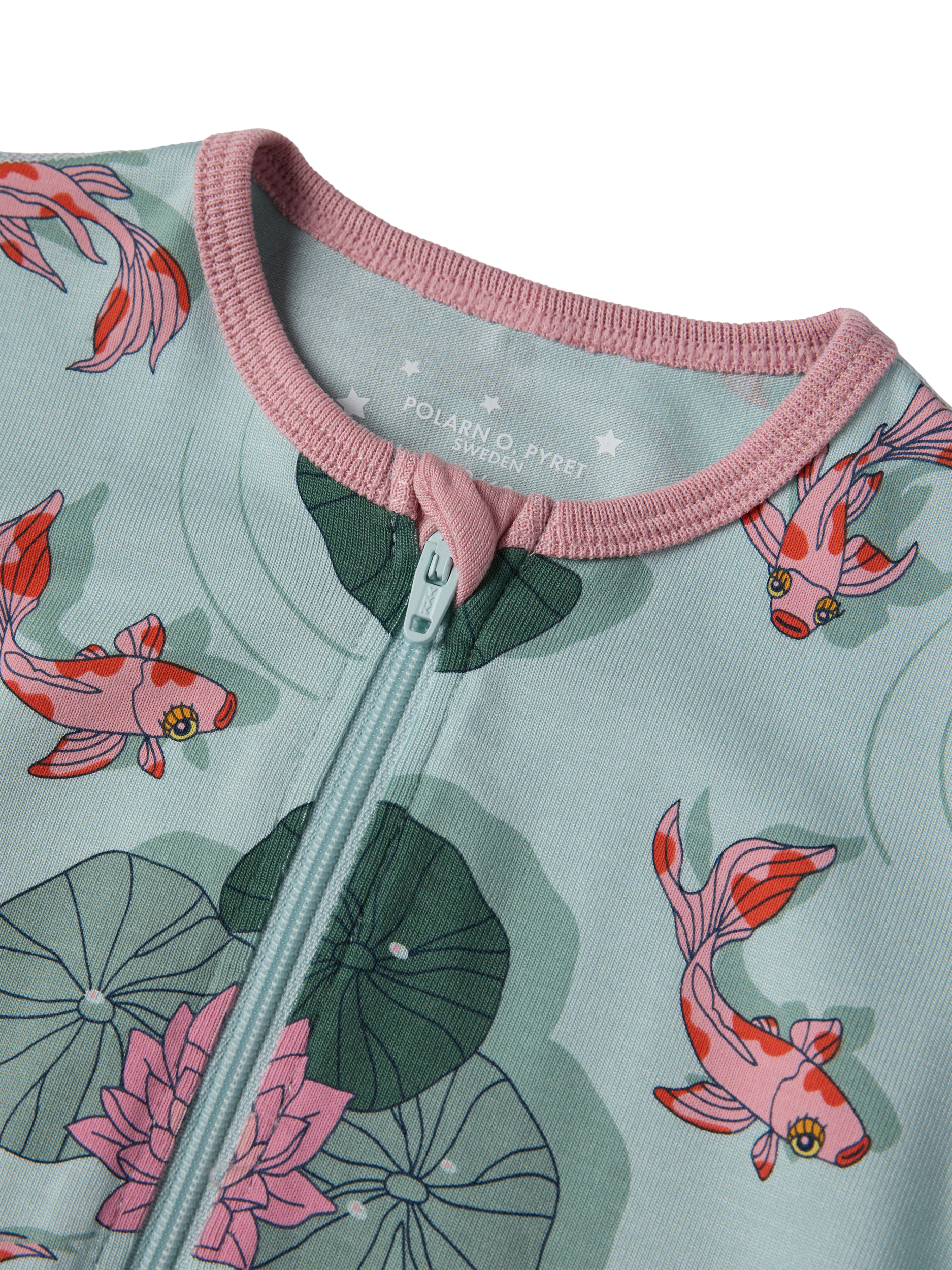 Product image 2 of 3, which shows Polarn O. Pyret Baby Carp Print Onesie Pyjamas, Blue, 0-2 months