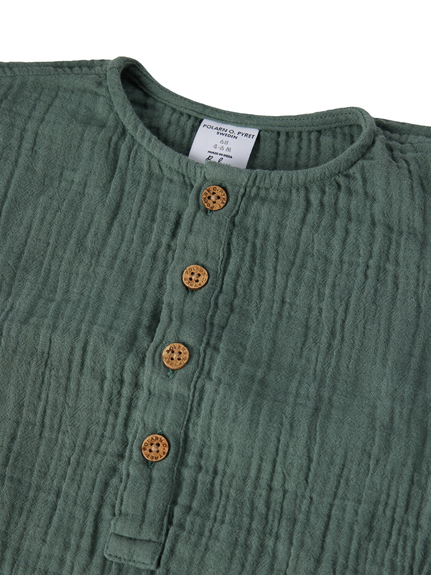 Product image 3 of 3, which shows Polarn O. Pyret Baby Organic Cotton Muslin Romper, Green, 6-9 months
