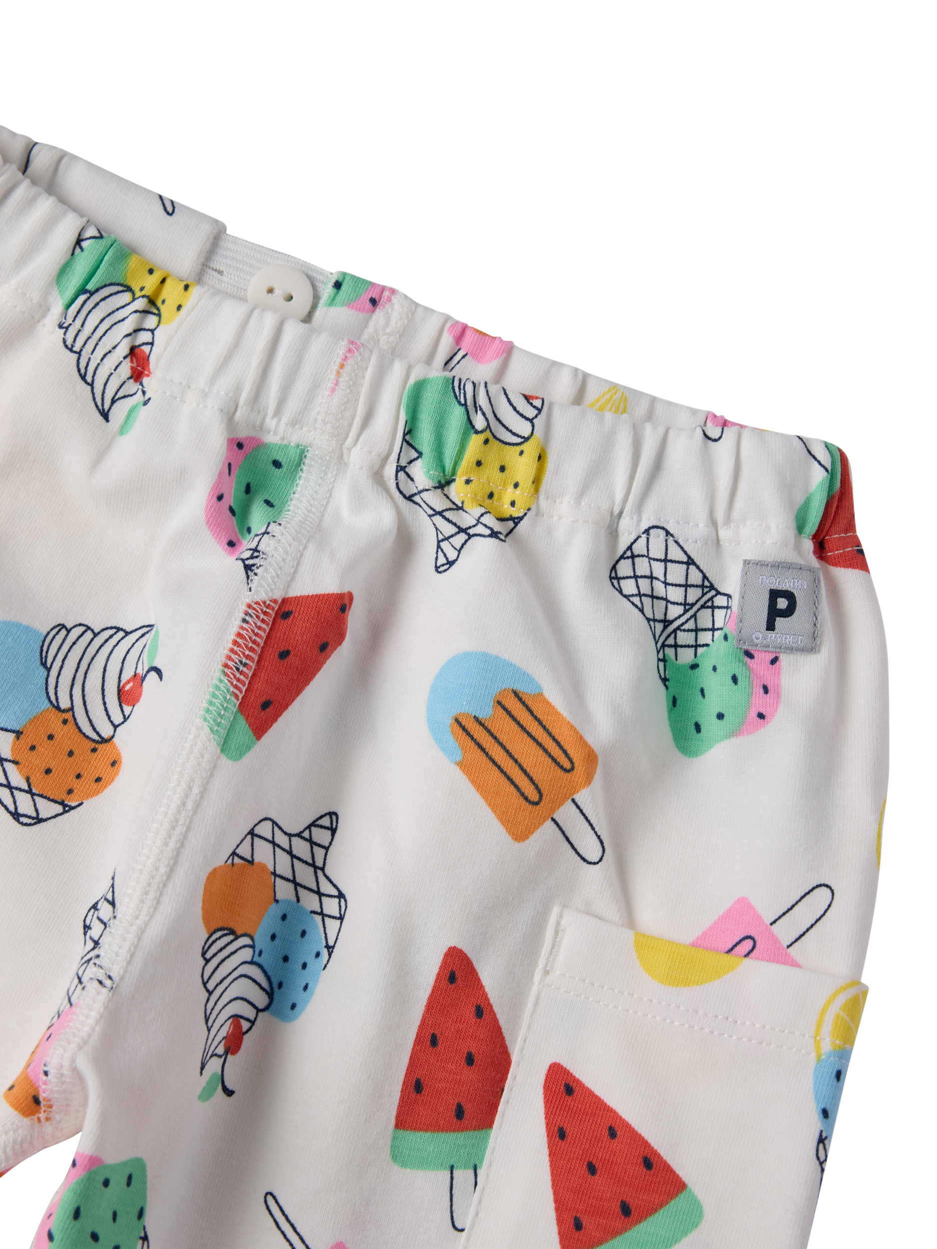 Product image 2 of 3, which shows Polarn O. Pyret Baby Ice Cream Print Joggers, White, 1-2 months