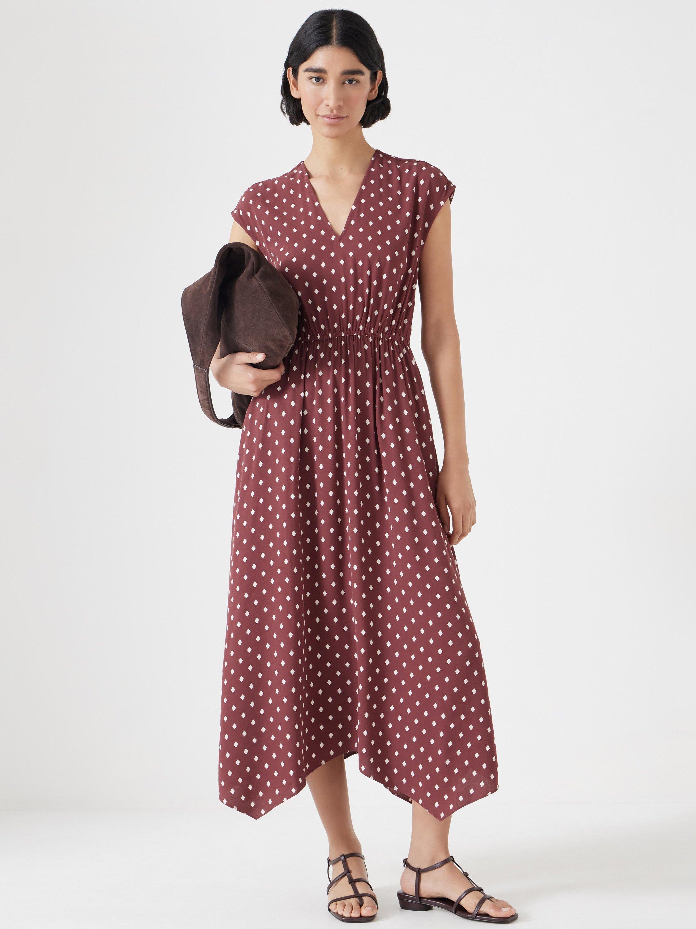 Product image 1 of 5, which shows HUSH Klara Polka Dot Hankerchief Hem Maxi Dress, Dark Red, 8R