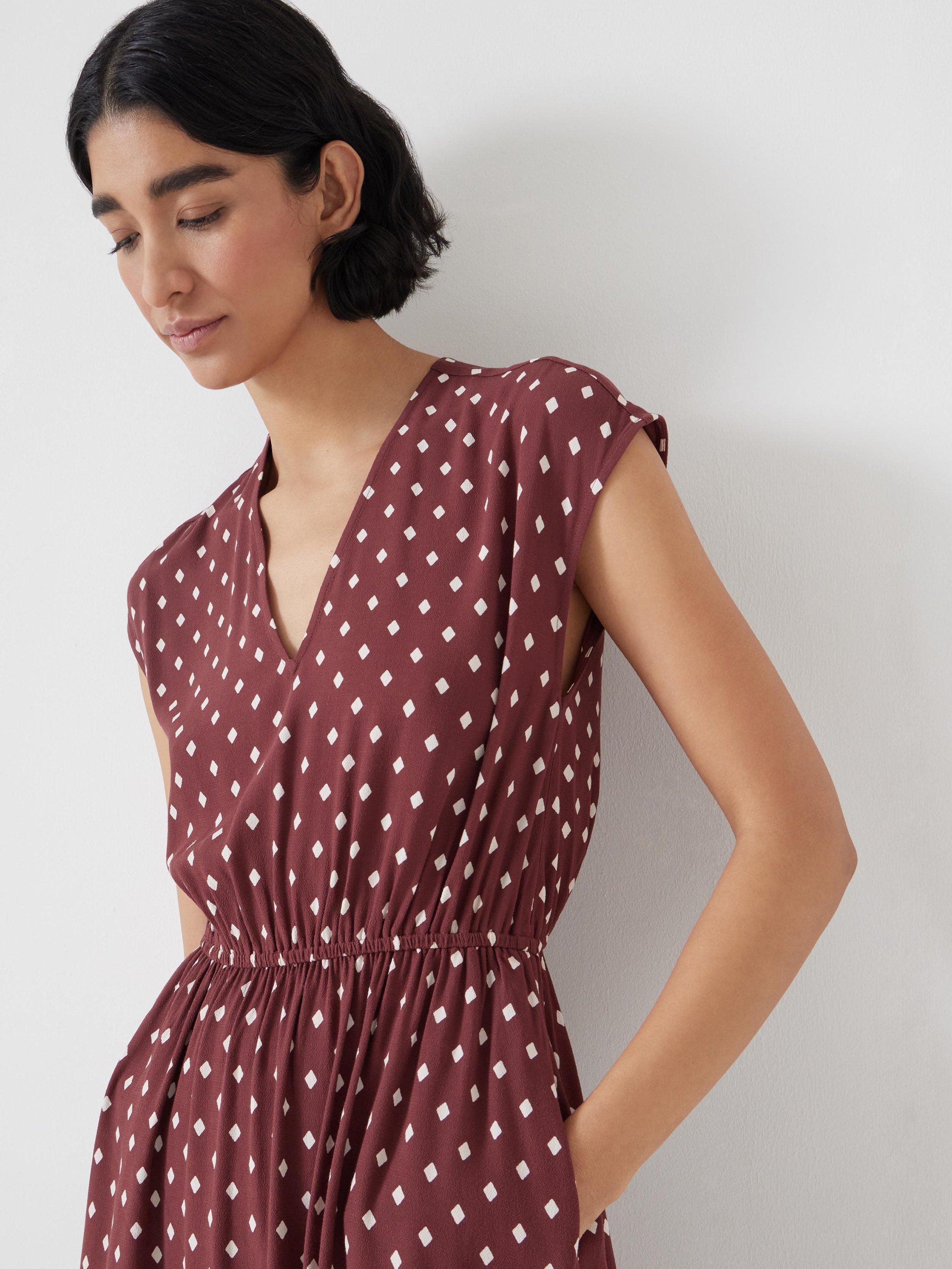 Product image 2 of 5, which shows HUSH Klara Polka Dot Hankerchief Hem Maxi Dress, Dark Red, 8R