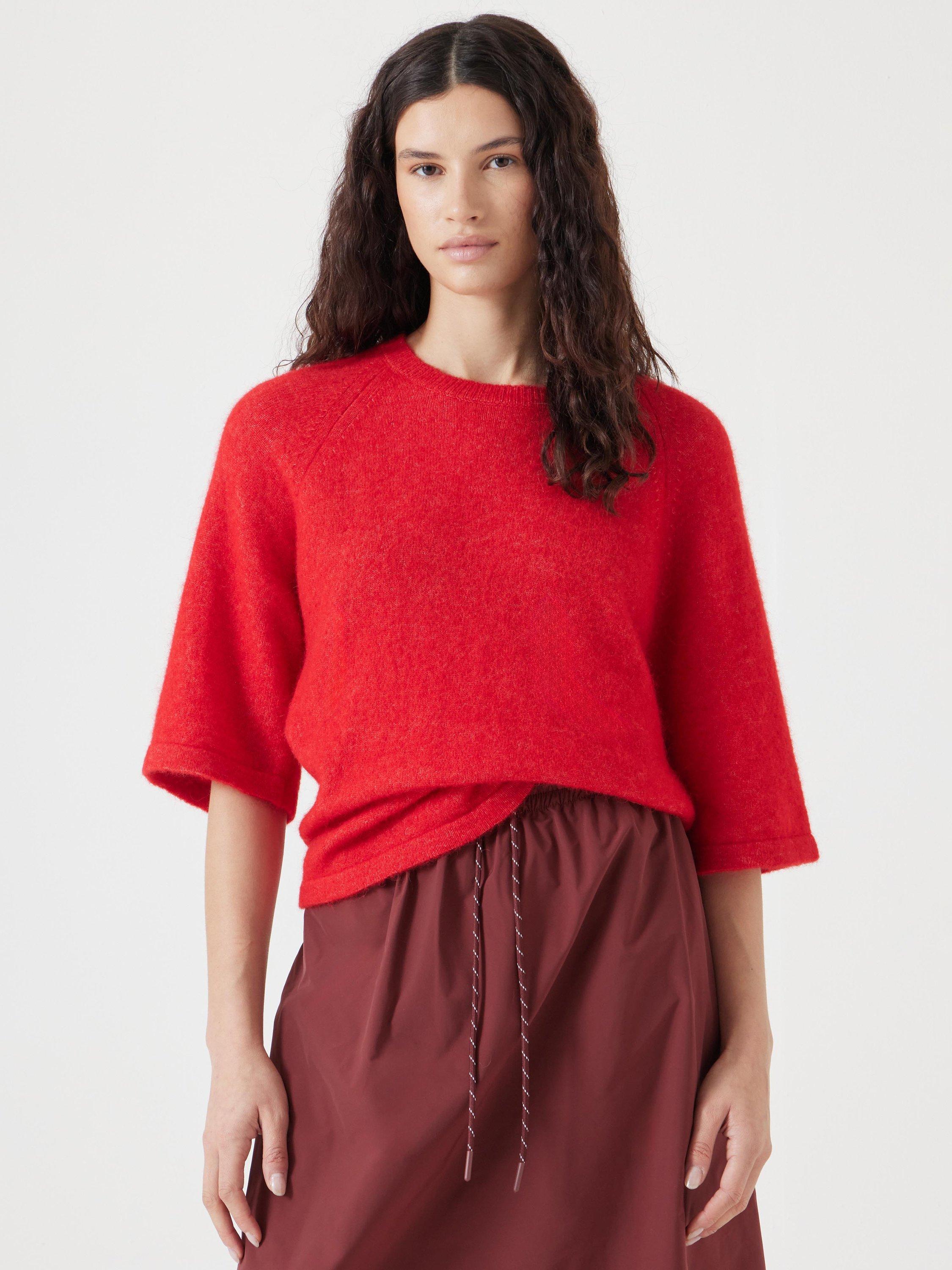Product image 1 of 5, which shows HUSH Lucia Wool Rich Knit T-Shirt, Tomato Red, XS-S