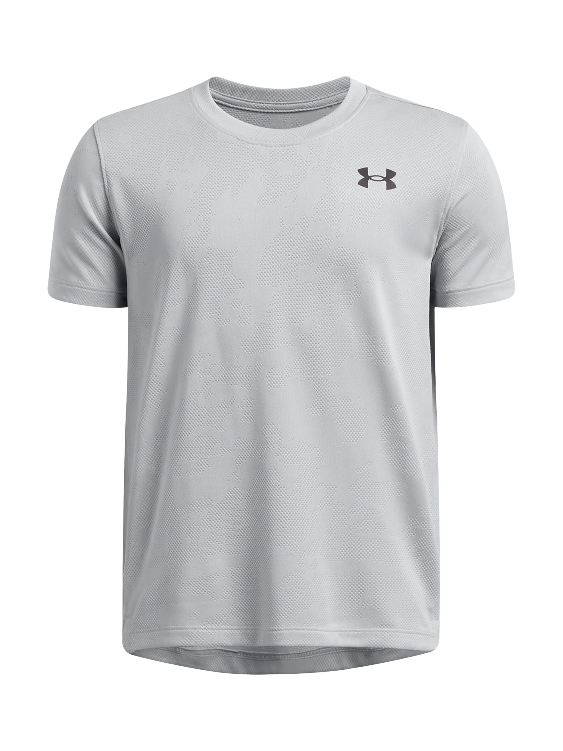 Product image 1 of 2, which shows Under Armour Kids' Short Sleeved Jacquard Tech T-Shirt, Gray/Black, S