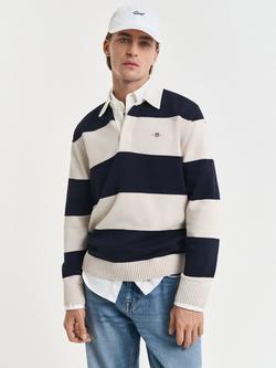 GANT Cotton Regular Fit Long Sleeve Barstripe Polo Shirt, Evening Blue, Evening Blue