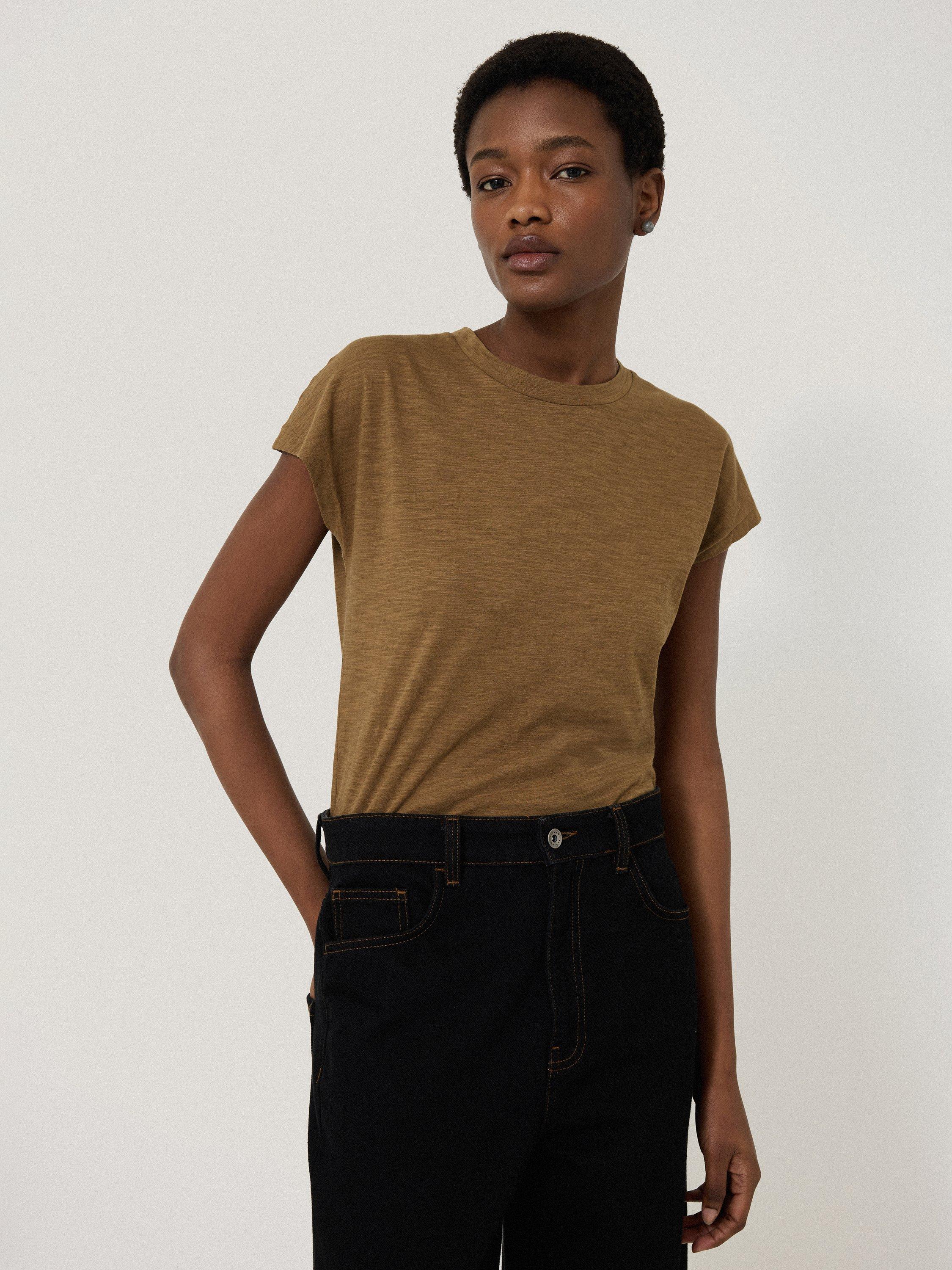 Product image 1 of 5, which shows Jigsaw Cotton Harlech Cap Sleeve Top, Khaki, S