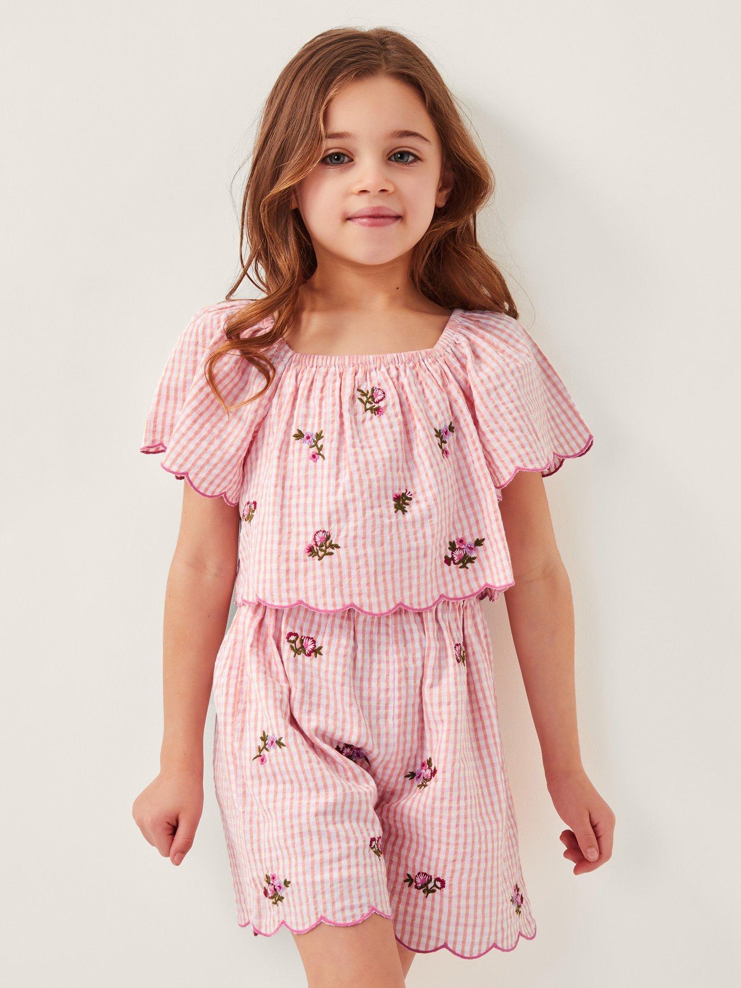 Product image 1 of 4, which shows Monsoon Kids' Gingham Scallop Hem Playsuit, Pink, 4 years