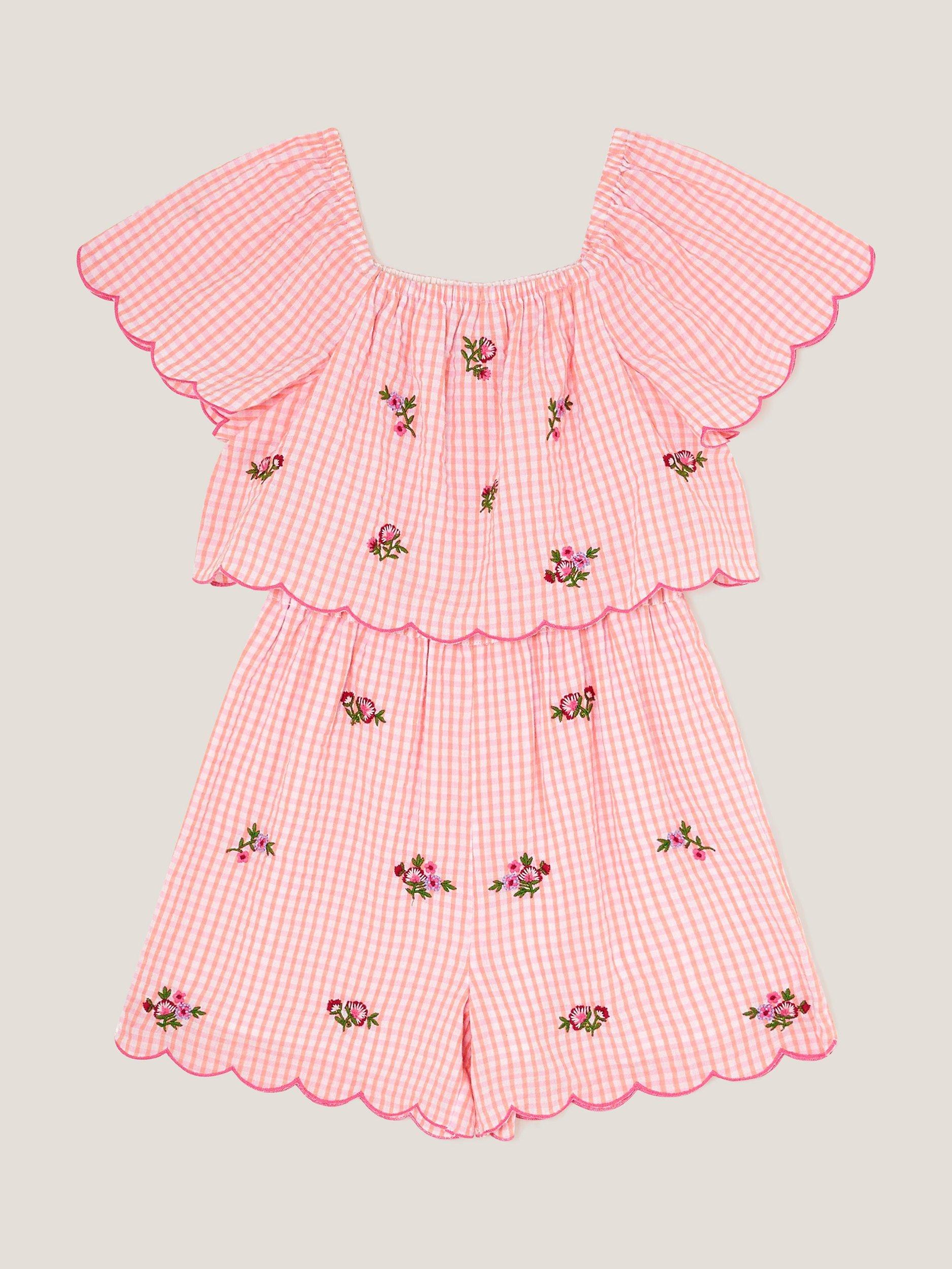 Product image 2 of 4, which shows Monsoon Kids' Gingham Scallop Hem Playsuit, Pink, 4 years