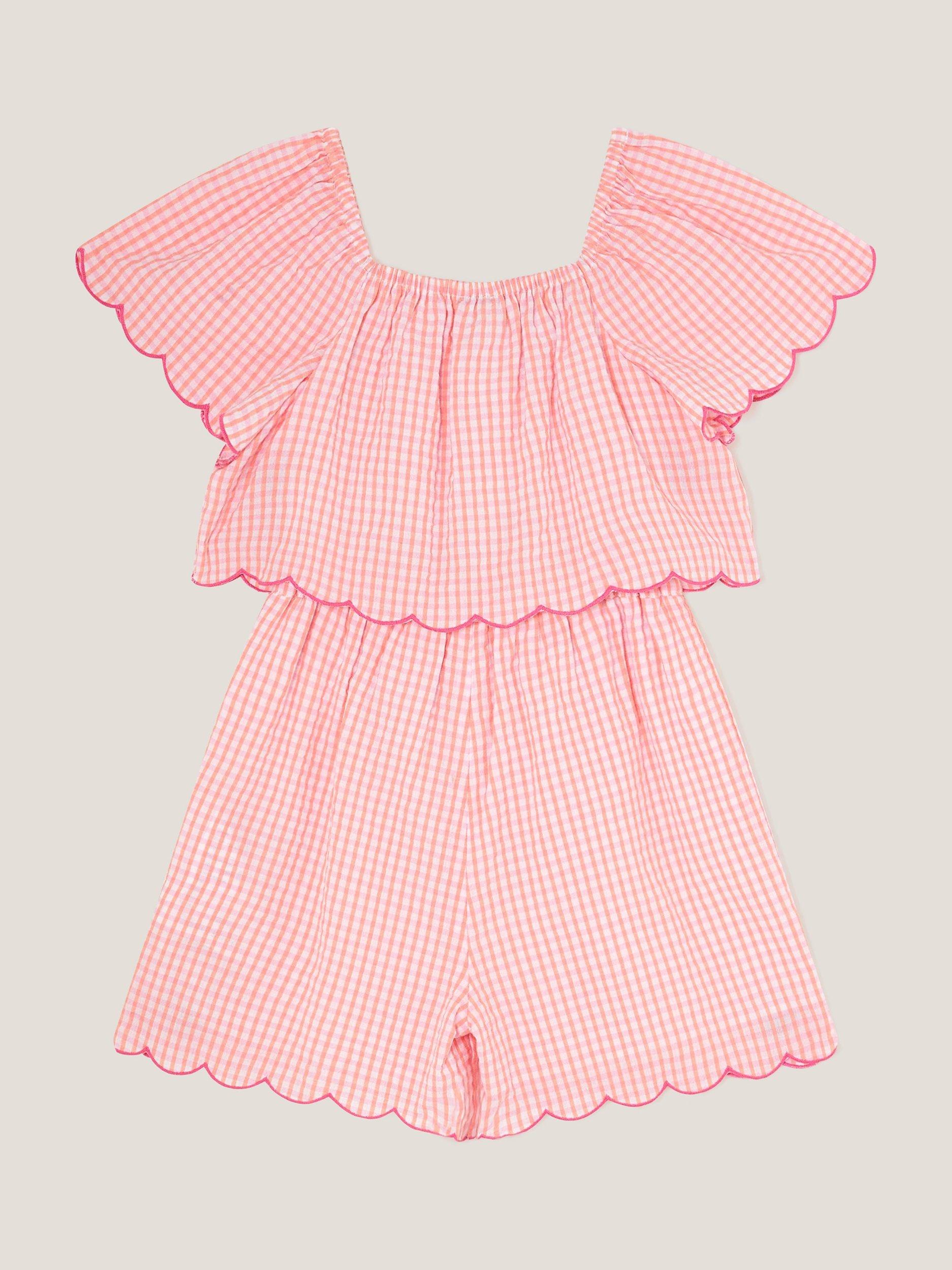 Product image 3 of 4, which shows Monsoon Kids' Gingham Scallop Hem Playsuit, Pink, 4 years