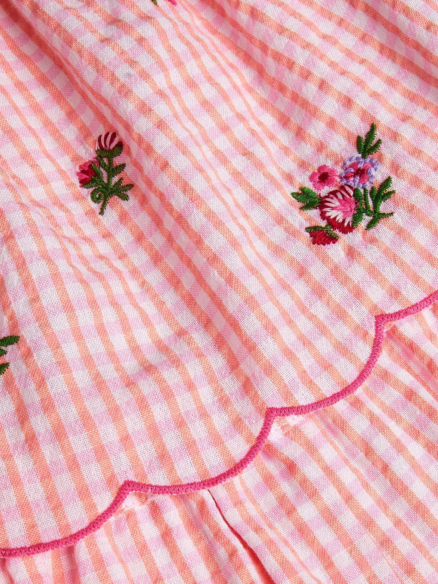 Product image 4 of 4, which shows Monsoon Kids' Gingham Scallop Hem Playsuit, Pink, 4 years