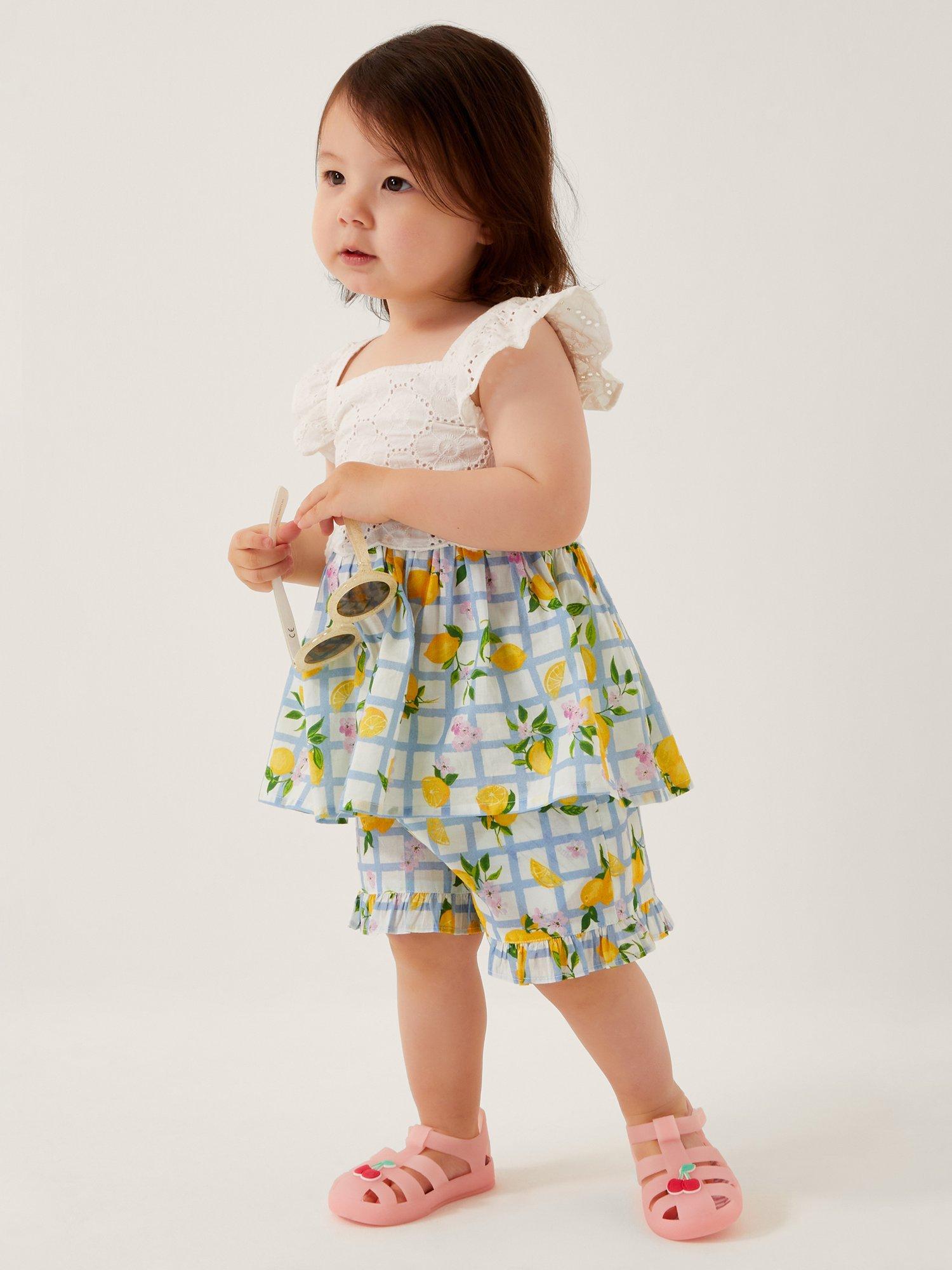Product image 1 of 4, which shows Monsoon Baby Broderie Top & Lemon Print Shorts Set, Blue, 0-3 months