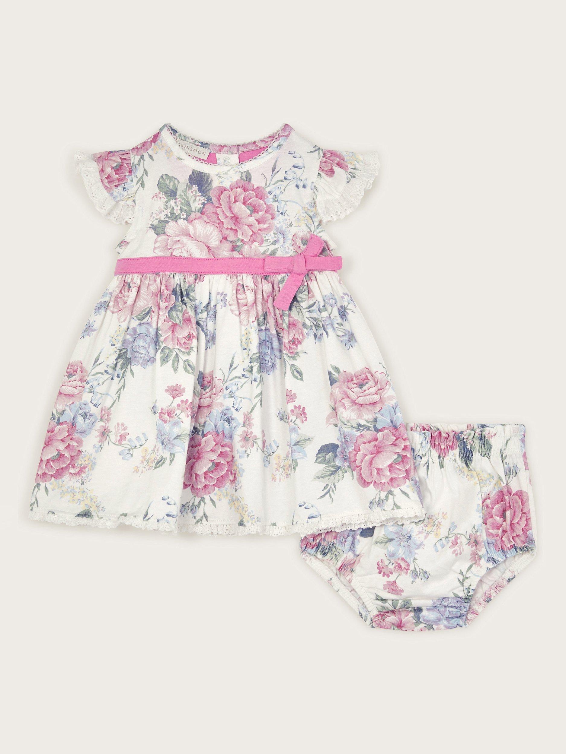 Product image 1 of 3, which shows Monsoon Baby Newborn Ophelia Floral Dress & Briefs Set, Lilac, 0-3 months