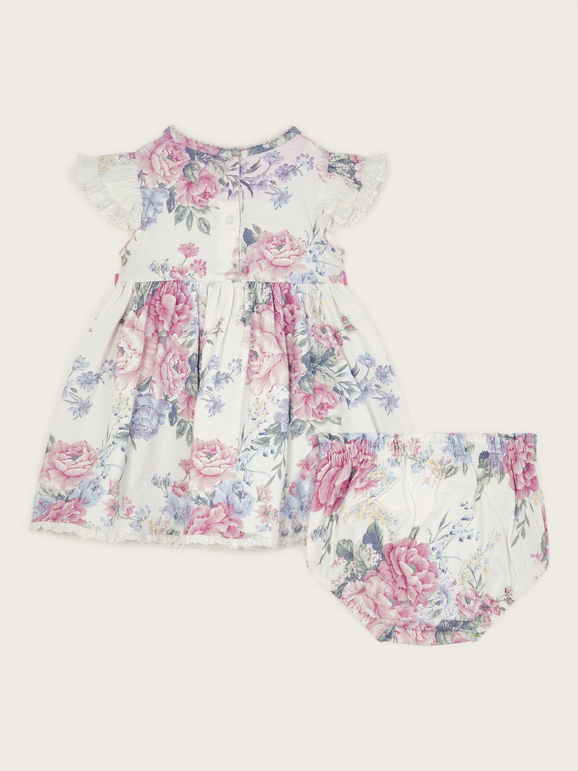 Product image 2 of 3, which shows Monsoon Baby Newborn Ophelia Floral Dress & Briefs Set, Lilac, 0-3 months