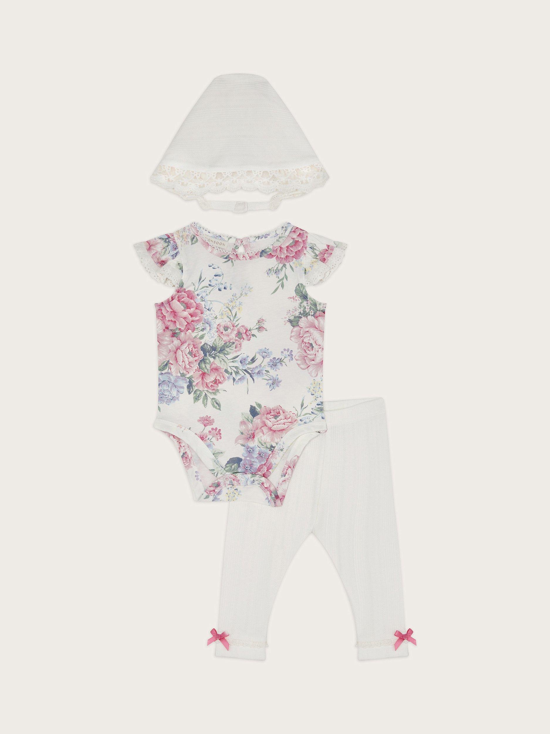 Product image 1 of 3, which shows Monsoon Baby Newborn 3-Piece Floral Pointelle Set, Ivory, 9-12 months