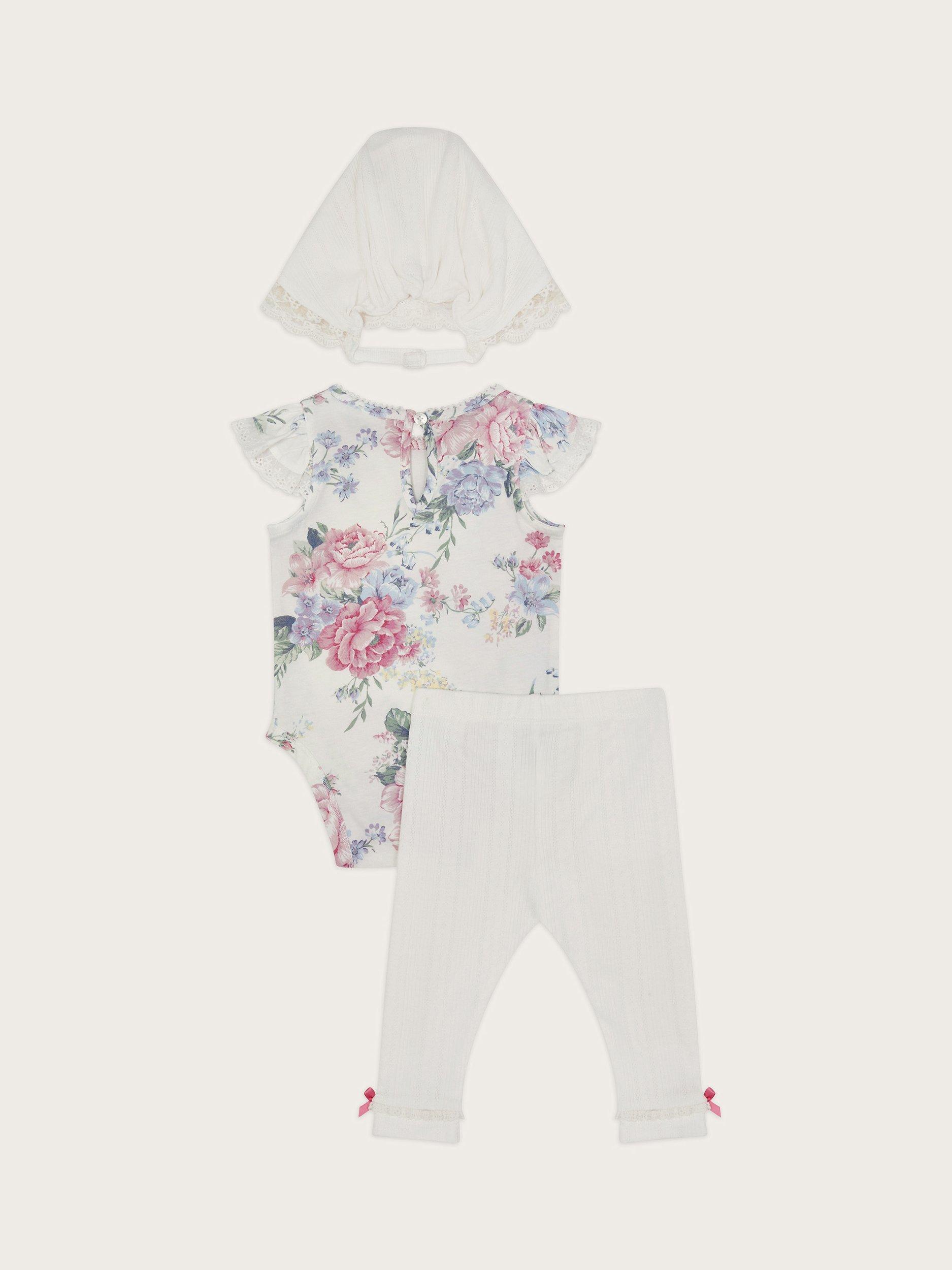 Product image 2 of 3, which shows Monsoon Baby Newborn 3-Piece Floral Pointelle Set, Ivory, 9-12 months