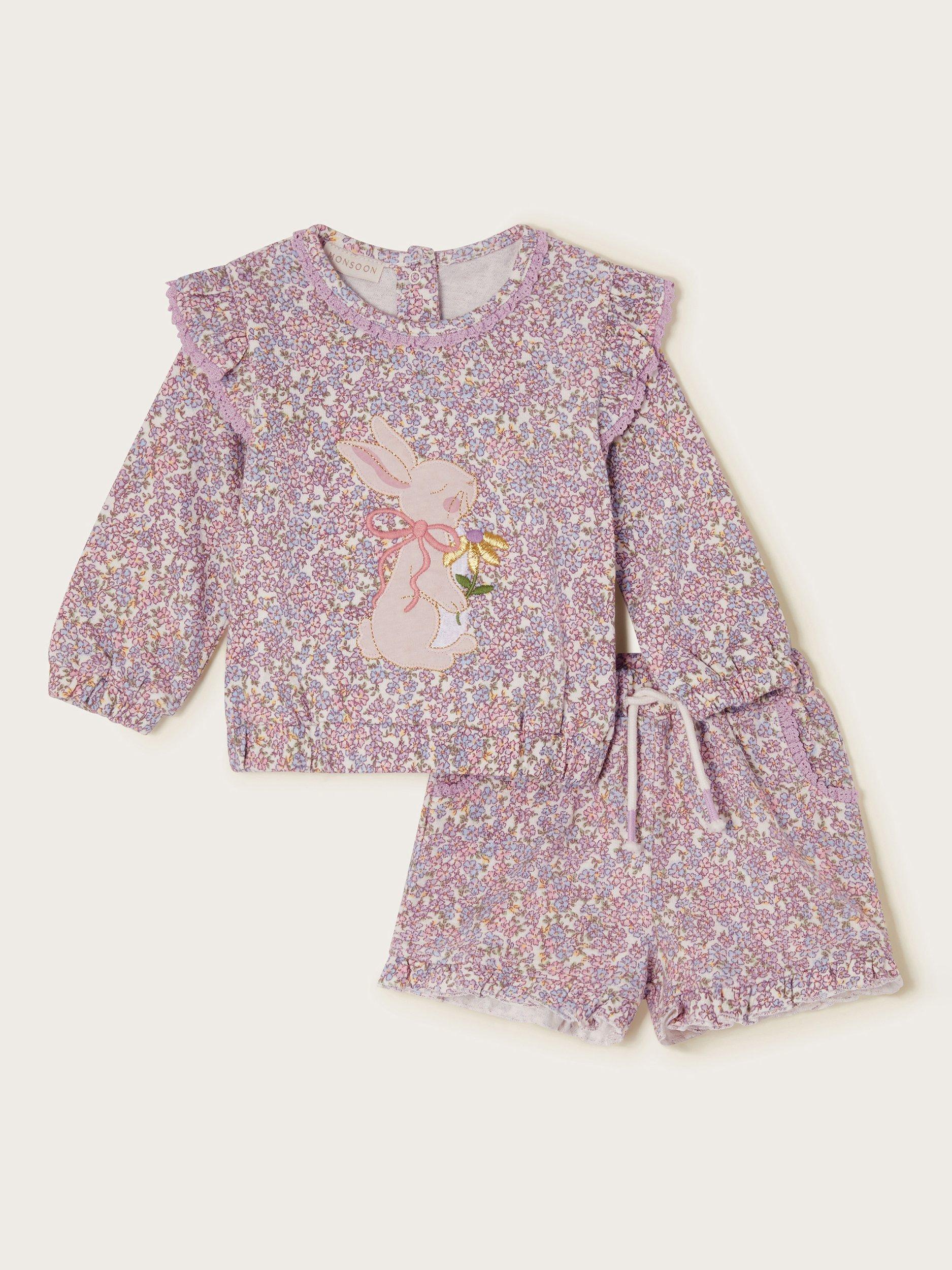 Product image 1 of 3, which shows Monsoon Baby Bunny Applique Floral Sweatshirt & Shorts Set, Lilac, 0-3 months