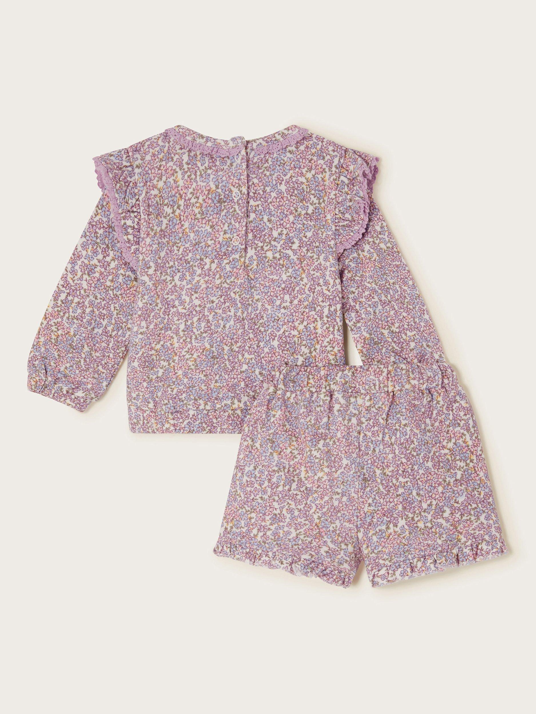 Product image 2 of 3, which shows Monsoon Baby Bunny Applique Floral Sweatshirt & Shorts Set, Lilac, 0-3 months