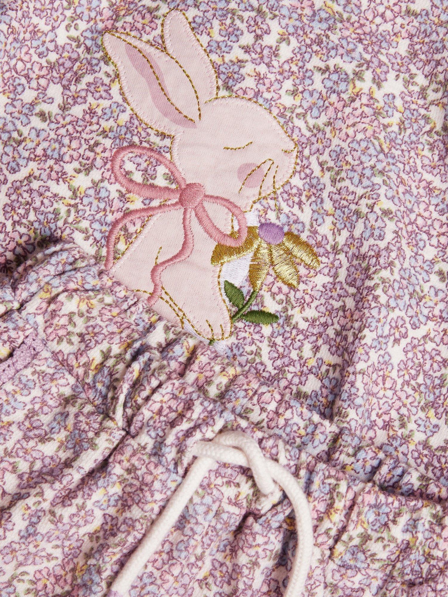 Product image 3 of 3, which shows Monsoon Baby Bunny Applique Floral Sweatshirt & Shorts Set, Lilac, 0-3 months