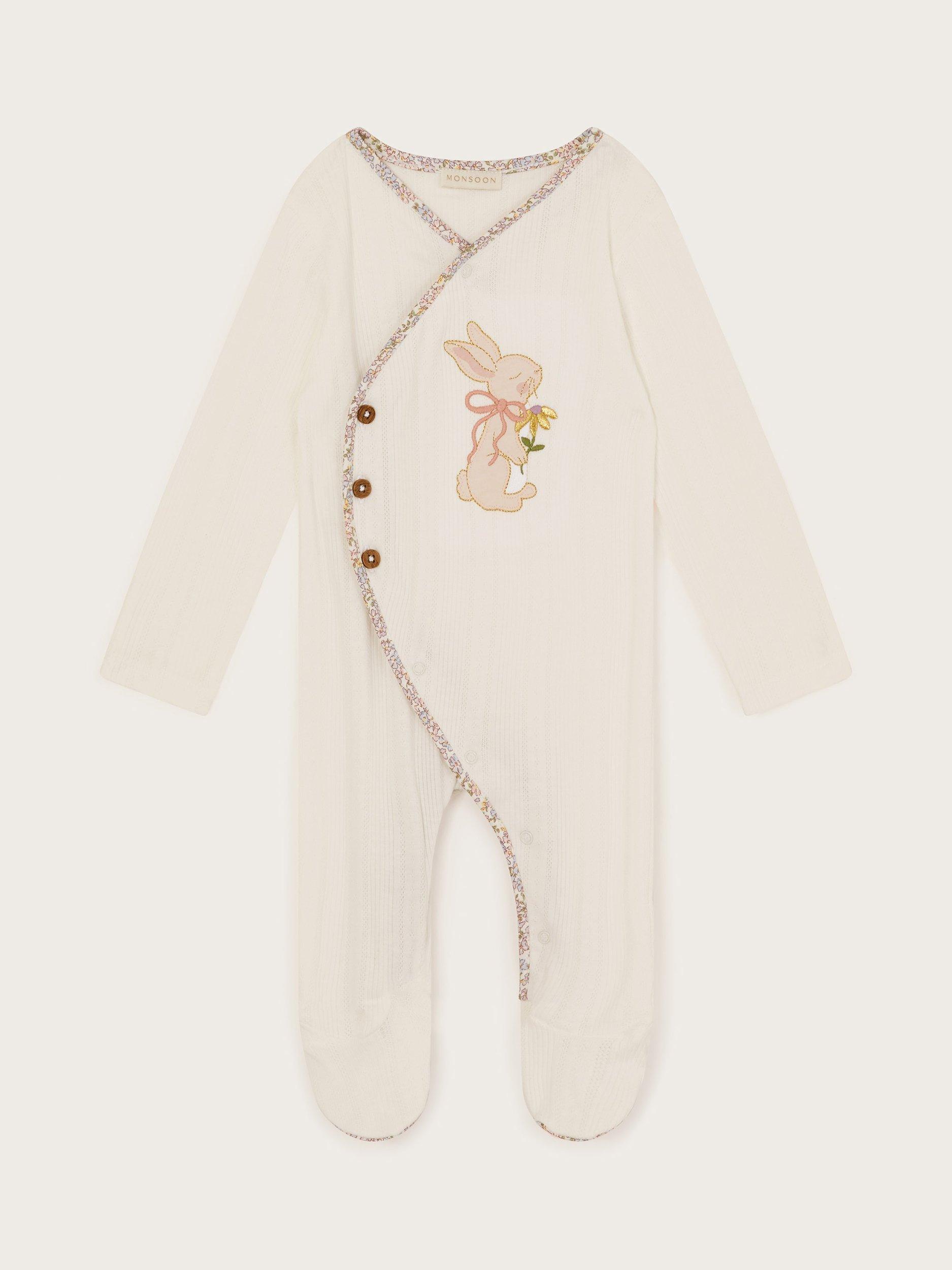Product image 1 of 3, which shows Monsoon Baby Newborn Peri Bunny Embroidered Sleepsuit, Ivory, 9-12 months