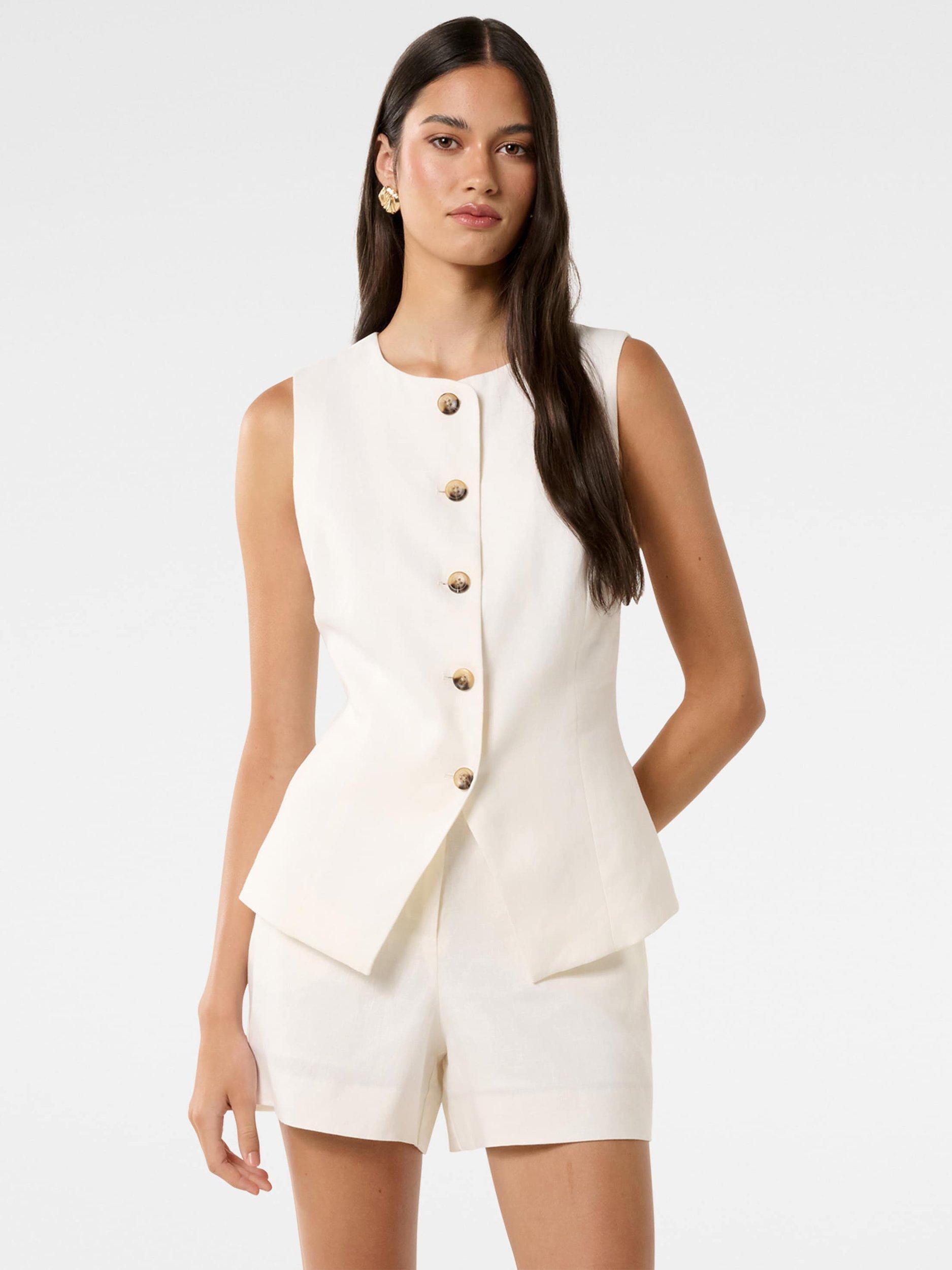 Product image 1 of 5, which shows Forever New Pip High Neck Pure Linen Waistcoat, Porcelain, 4