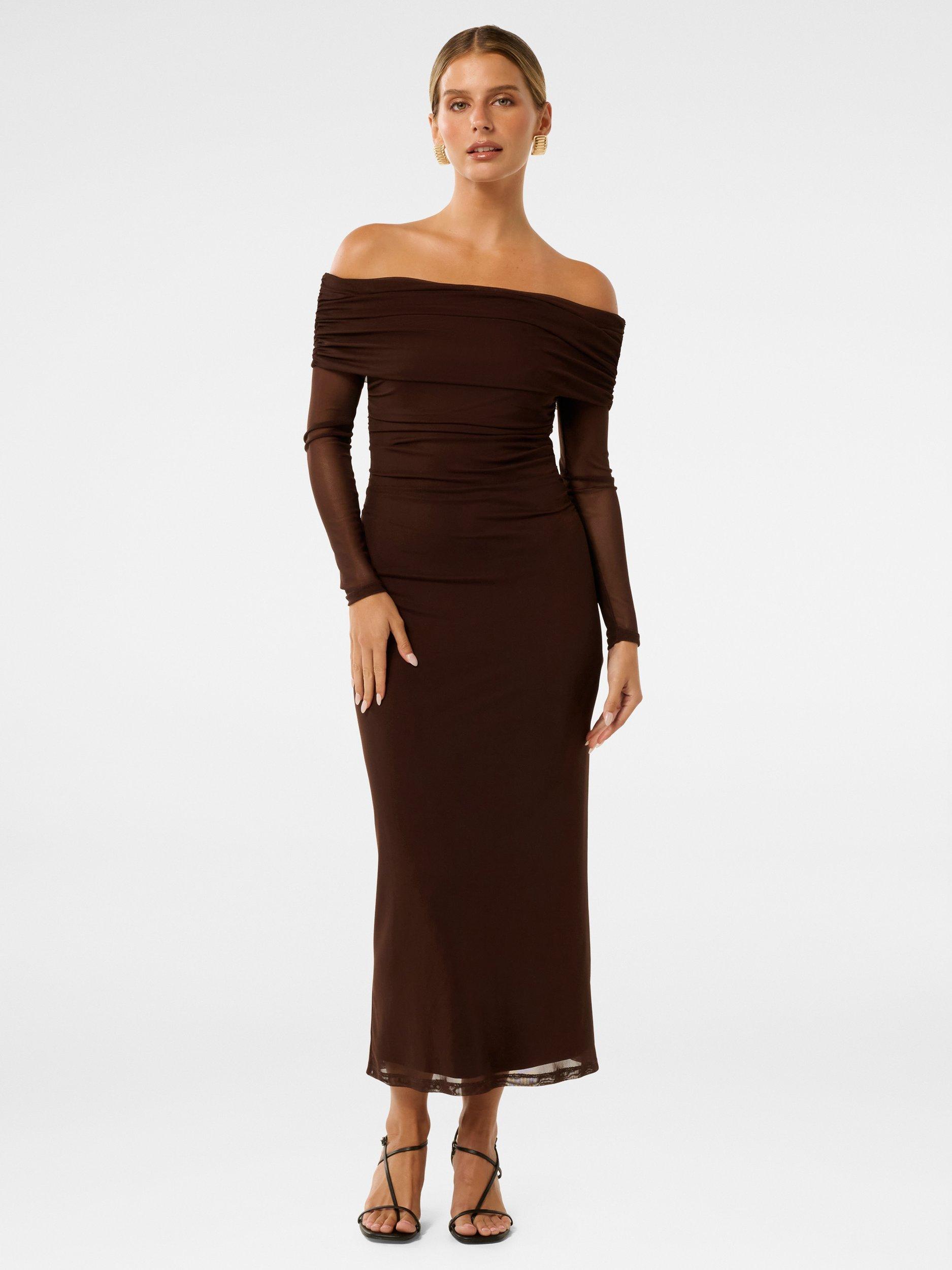 Product image 1 of 5, which shows Forever New Petite Minnie Mesh Bardot Midi Dress, Chocolate, 4