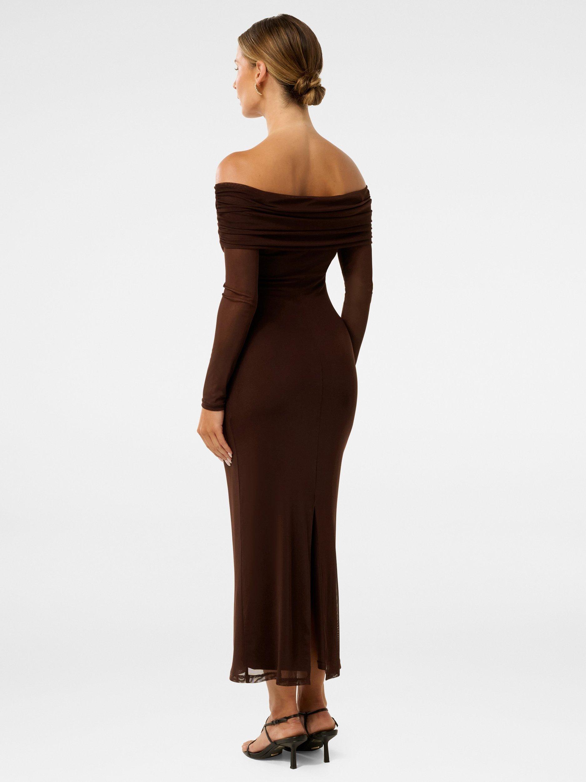 Product image 2 of 5, which shows Forever New Petite Minnie Mesh Bardot Midi Dress, Chocolate, 4