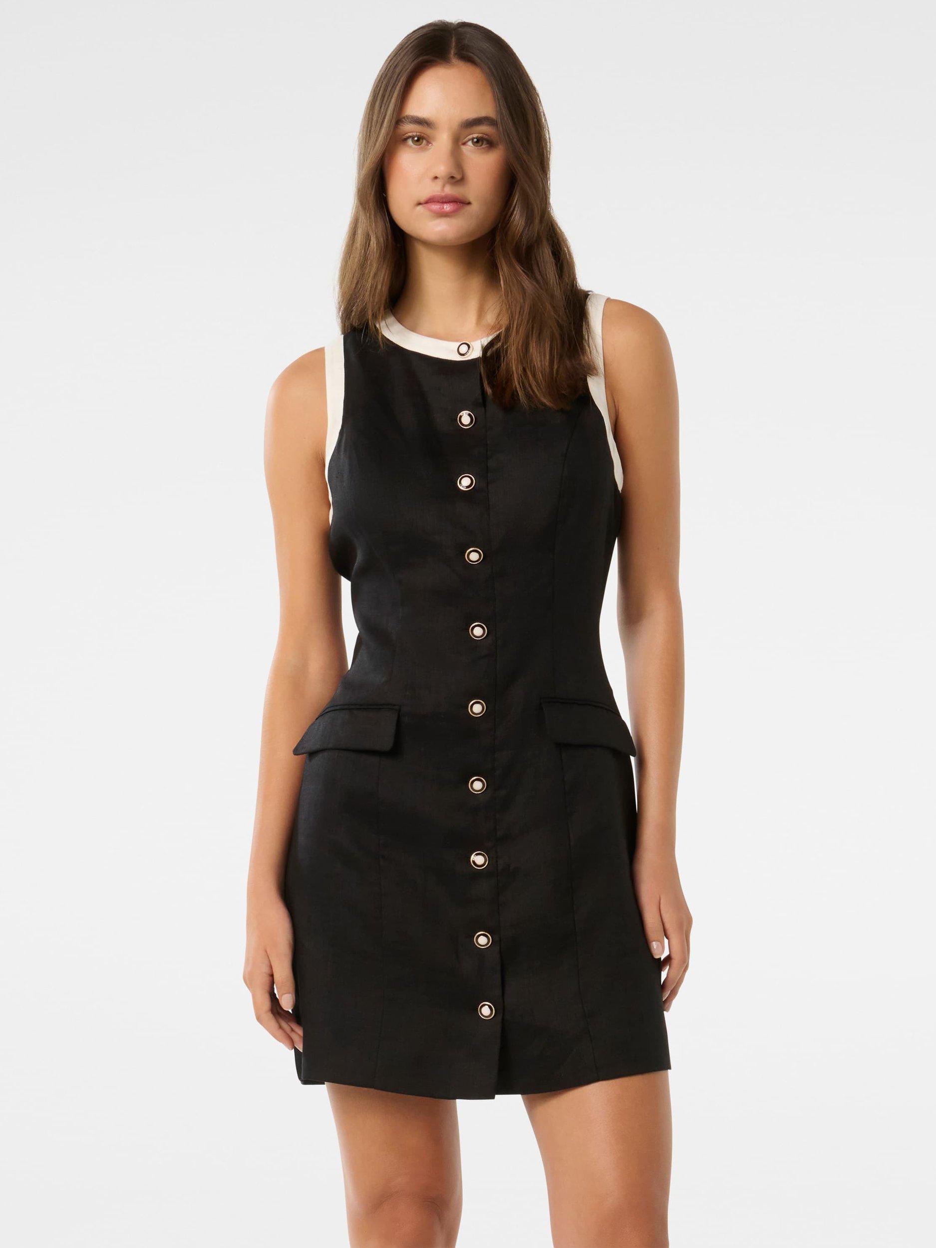 Product image 1 of 5, which shows Forever New Montana Contrast Shift Mini Dress, Black/Porcelain, 4