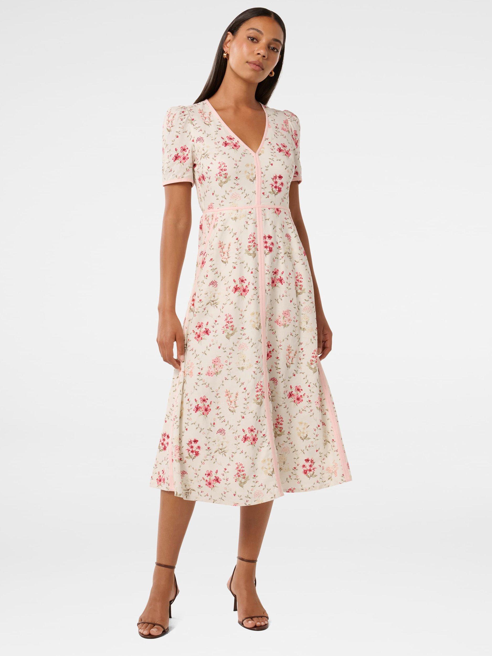Product image 1 of 4, which shows Forever New Sabrina Floral Linen Blend Midi Dress, Pink/Multi, 4