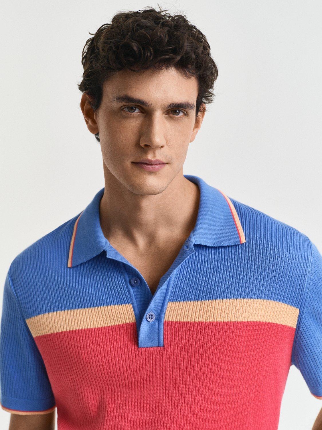 Product image 4 of 4, which shows GANT Cotton Blend Regular Fit Colour Block Polo Shirt, Perfect Blue/Multi, S