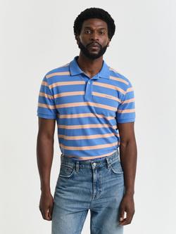 GANT Cotton Regular Fit Striped Piqué Polo Shirt, Perfect Blue/Peach, Perfect Blue/Peach