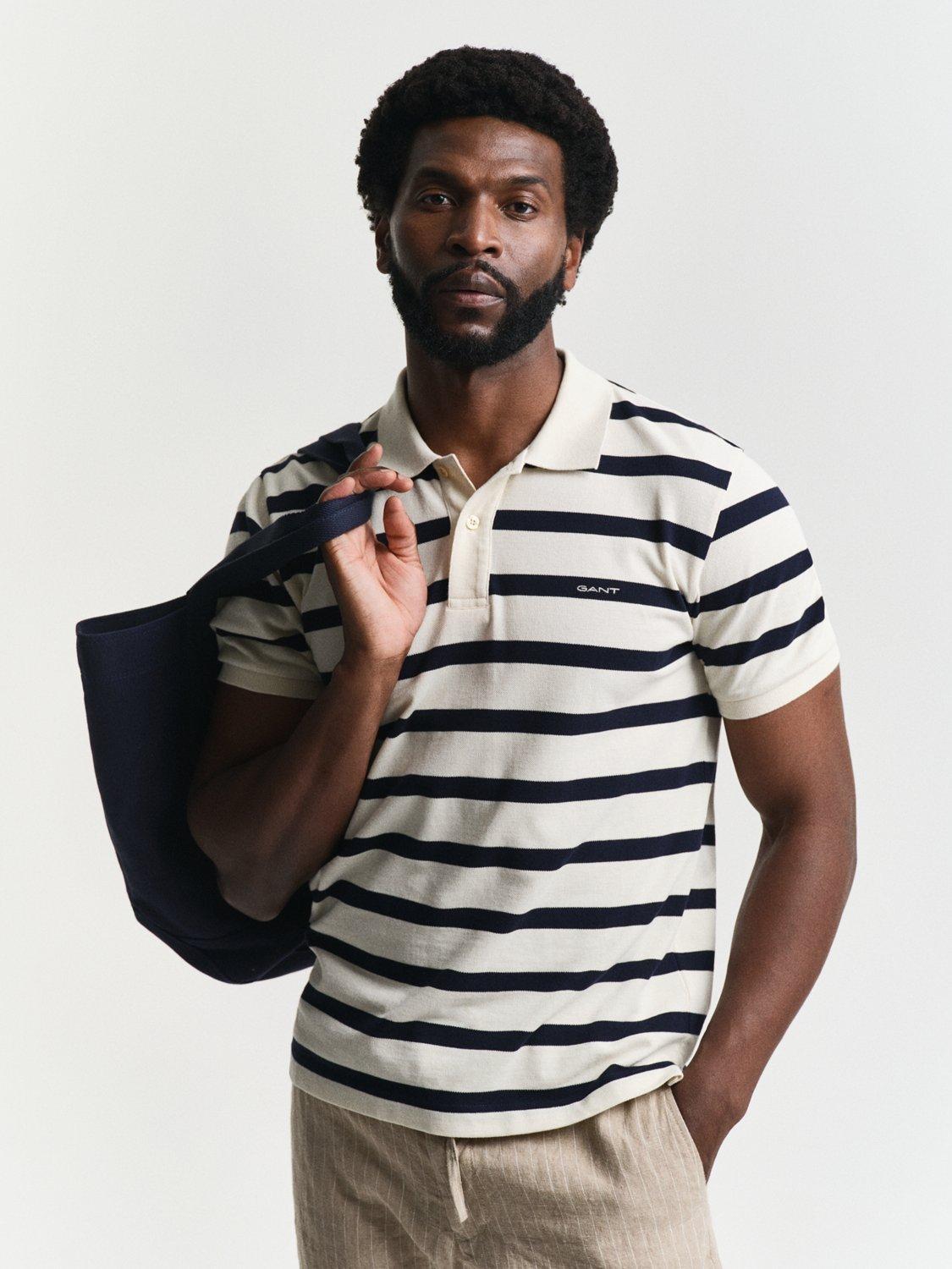 Product image 1 of 4, which shows GANT Cotton Regular Fit Short Sleeve Striped Polo Shirt, Cream/Black, S